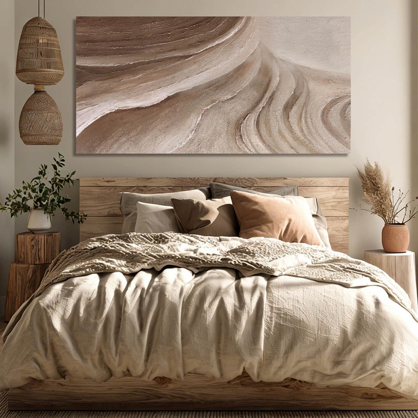 MLART99 Modern Abstract Beige and Brown Canvas Wall Art Textured Minimalist Line Painting Wave-Inspired Artwork for Living Room Bedroom Office Home Decor 24x48 Inch