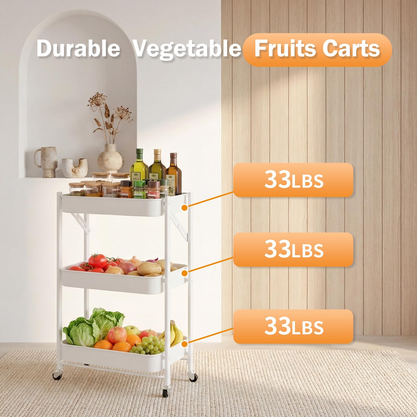 JAQ No Assembly Required Rolling Cart, 3-Tier Foldable Utility Cart for Under Desk, 26.8" Height Metal Storage Cart with Wheels, 10" Narrow Small Space Organizer for Office, Kitchen, White