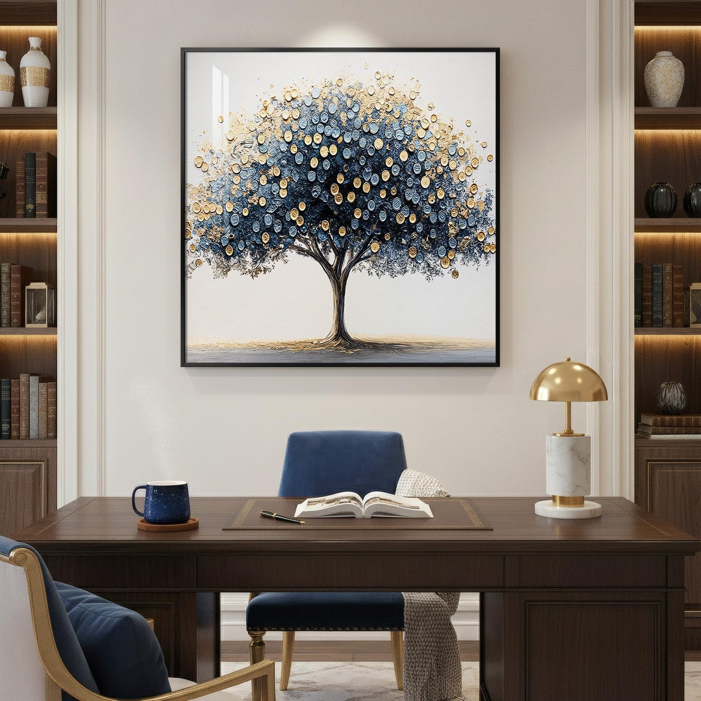 Framed Square Tree of Life Wall Art, Blue Gold Modern Money Tree Painting Prints, Minimalist Elegant Luxury Abstract Tree Artwork for Living Room Bedroom Kitchen Hallway Office Home Decor, 30x30 Inch