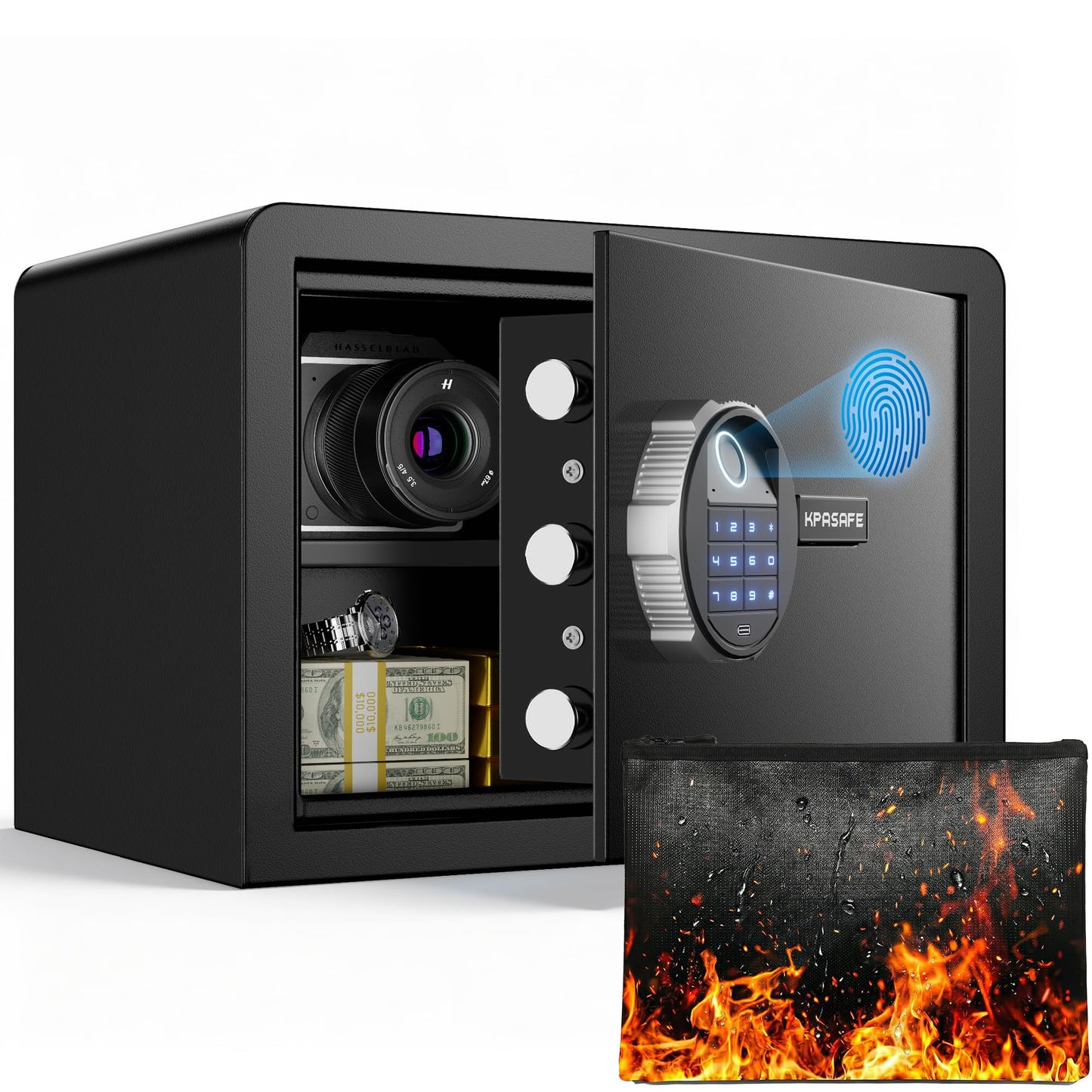Kpasafe Small Biometric Safe, 0.8 Cuft Fingerprint Safe Box with Fireproof Bag, Caja Fuerte Para Dinero with Silent Mode, Backlit Keypad, Anti-Theft, and LED Light, 9.8×13.8×9.8 IN