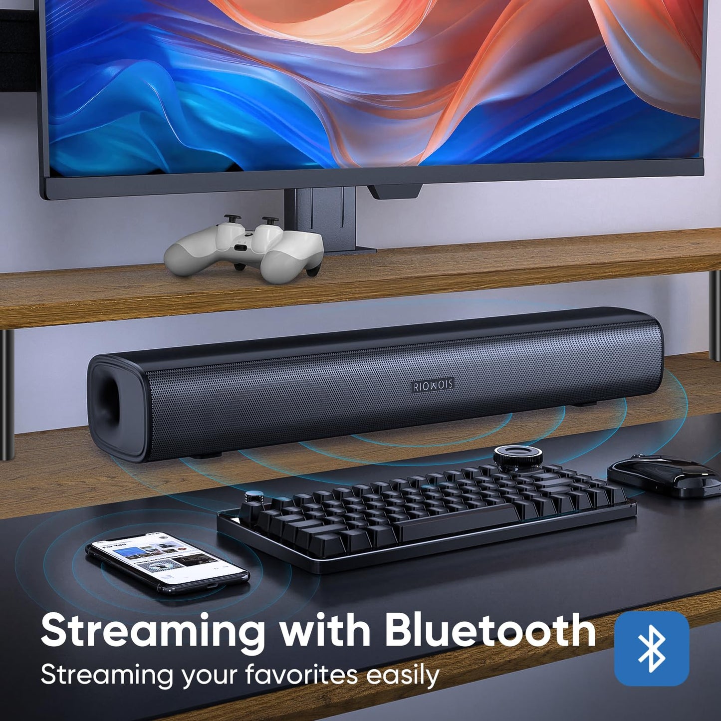 RIOWOIS Sound Bar for Smart TV, Soundbar for TV with Bass Reflector and Easy Set up, Home Audio Surround Sound System for TV PC Projector, Wall Mountable
