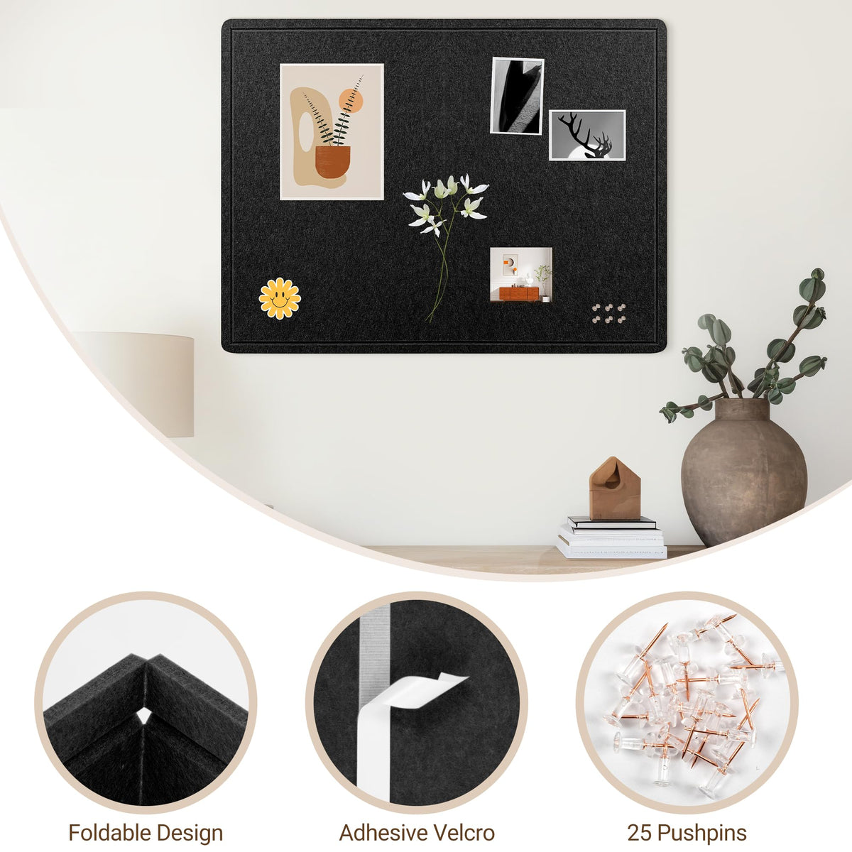 AKTOP Large Black Cork Board 48" x 36", Foldable Felt Notice Pin Board for Wall, 4' x 3' Decorative Bulletin Board Photo Display Board with Self-Adhesive Tape for Office, School & Home, 25 Pushpins
