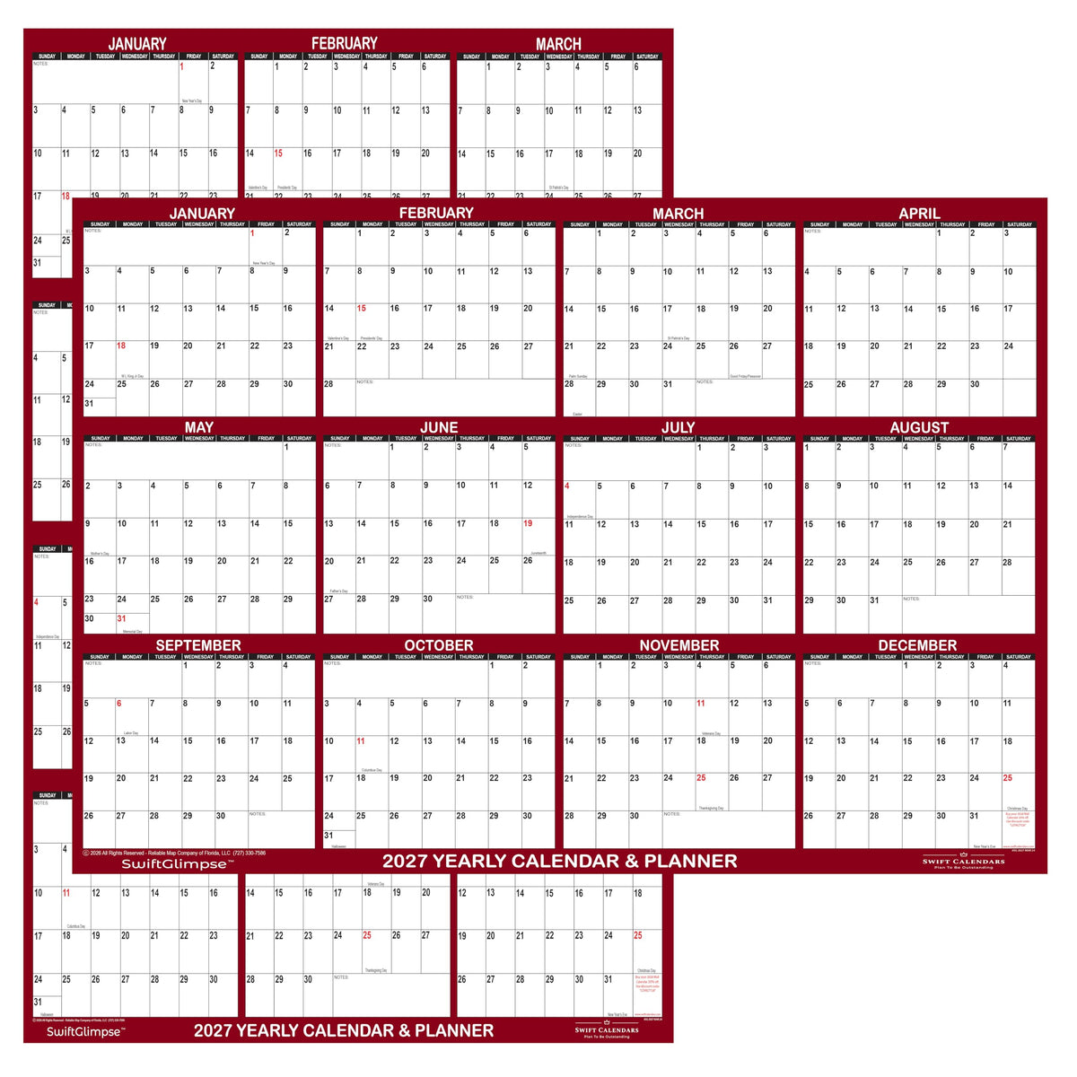 32" x 48" SwiftGlimpse 2027 Wall Calendar Erasable Large Wet & Dry Erase Laminated 12 Month Annual Yearly Wall Planner, Reversible, Horizontal/Vertical, Burgundy