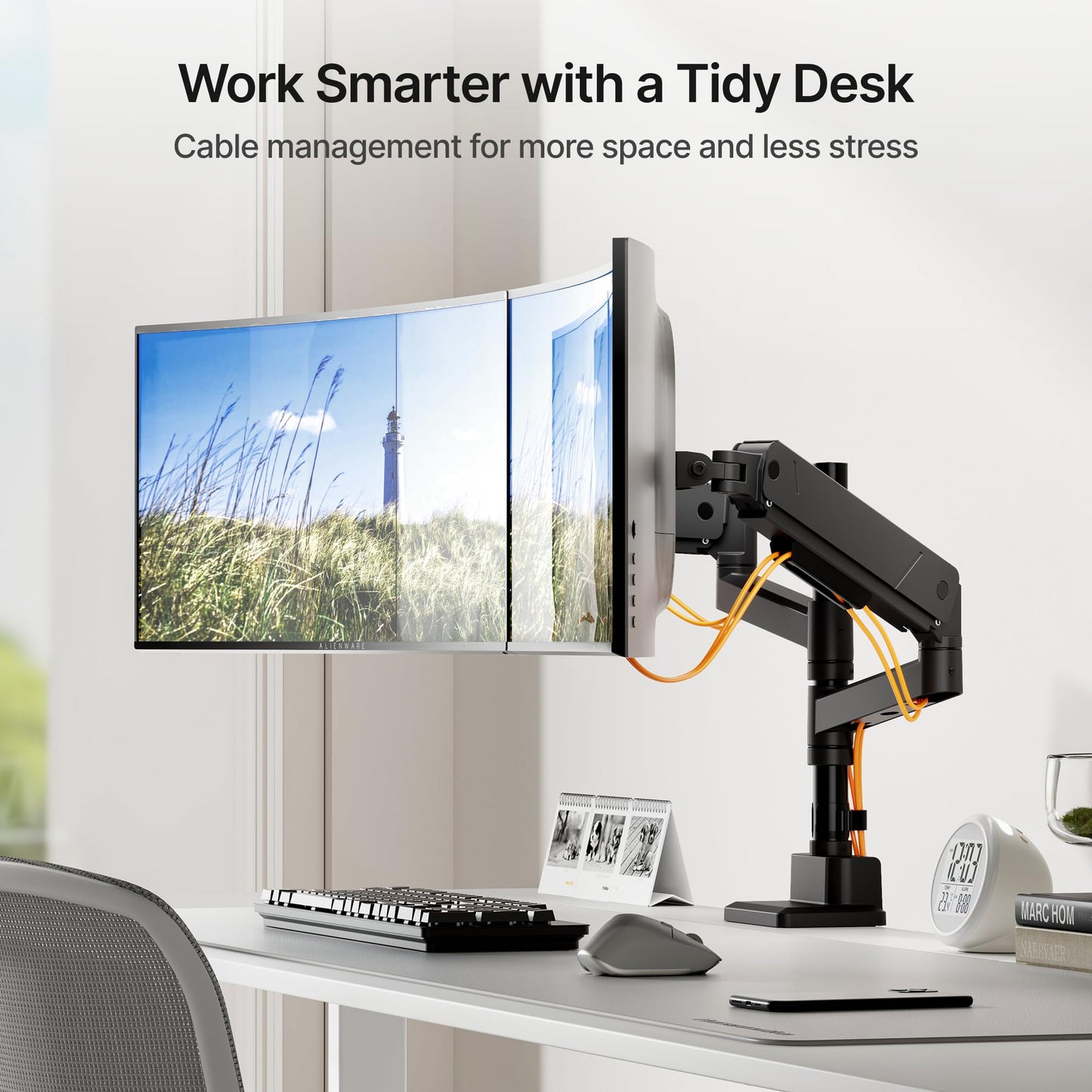 monTEK Dual Monitor Mount Tall Monitor arms for 2 Monitors for 17 to 35 Inch Curved Screen Holds 35 Lbs Adjustable Heavy Duty Monitor Desk Mount Cable Management, VESA 75/100mm