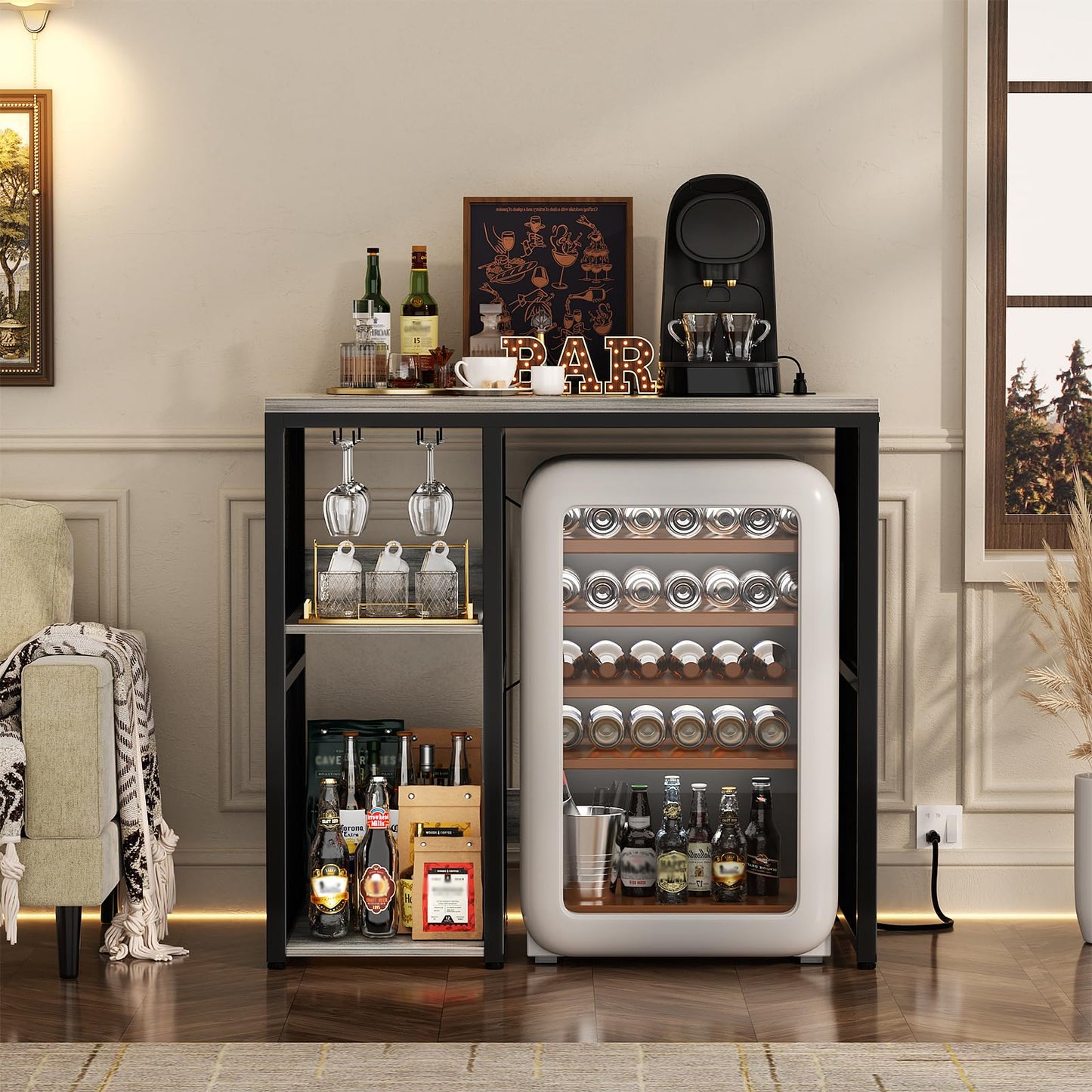 Homieasy Mini Fridge Cabinet with Power Outlet, Coffee Bar Cabinet with Mini Fridge Space, Industrial Liquor Cabinet with Wine Storage & Glass Holder for Dorm, Living Room, Home Kitchen, Light Oak