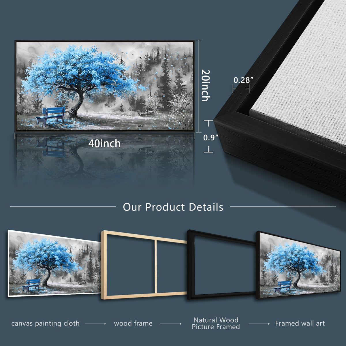 ZUITINGHUA Black Framed Canvas Wall Art For Living Room Wall Decor For Bedroom Office Wall Decoration Blue Tree Landscape Painting Black And White Picture Artwork Room Aesthetic Home Decor 20x40 In
