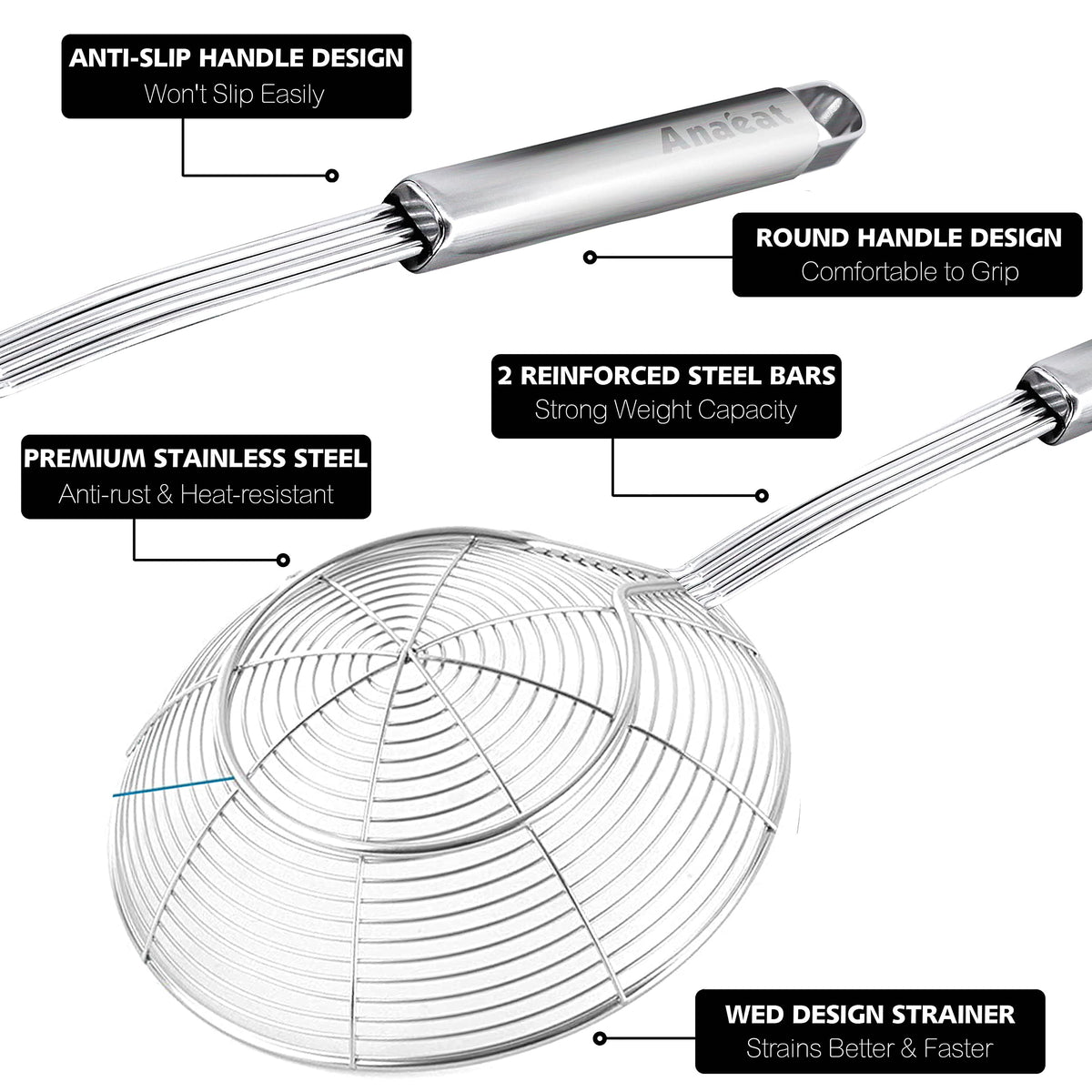 Anaeat Stainless Steel Spider Strainer Skimmer - Solid Kitchen Strainer Ladle with Long Handle for Cooking and Frying, Reinforced Double Coil Slotted Spoons for Pasta, Noodle, Spaghetti (7 Inch)