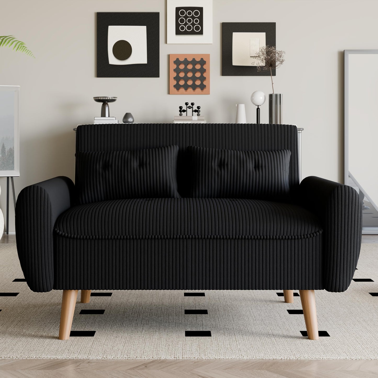 Vongrasig 48" Small Modern Loveseat Sofa, Mid Century Soft Corduroy Fabric 2-Seat Sofa Couch Tufted Love Seat with Back Cushions and Tapered Legs for Living Room, Bedroom and Small Space (Black)