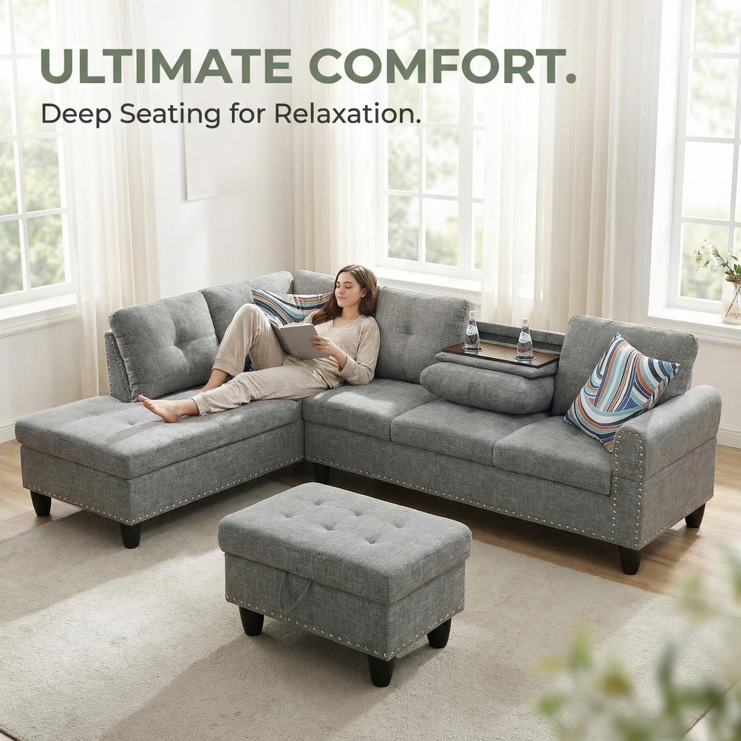Trygoal 97" Linen 4-Seat L-Shaped Sectional Sofa with Movable Chaise & Storage Ottoman - 3-Piece Modular Convertible Couch for Living Room, Bedroom, Apartment & Office, Grey