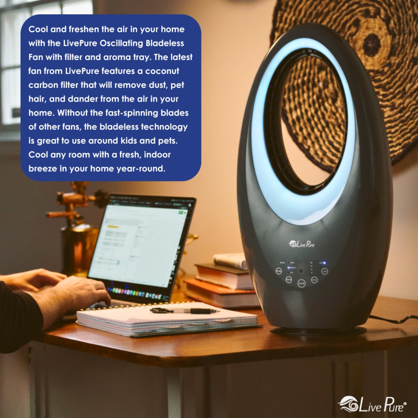LivePure Bladeless Oscillating Fan w/Filter and Aroma Tray. 3-Speed Adjustment, Touch Control, Quiet Cooling, Stand Up Fan for Bedroom, Office, Kitchen, White