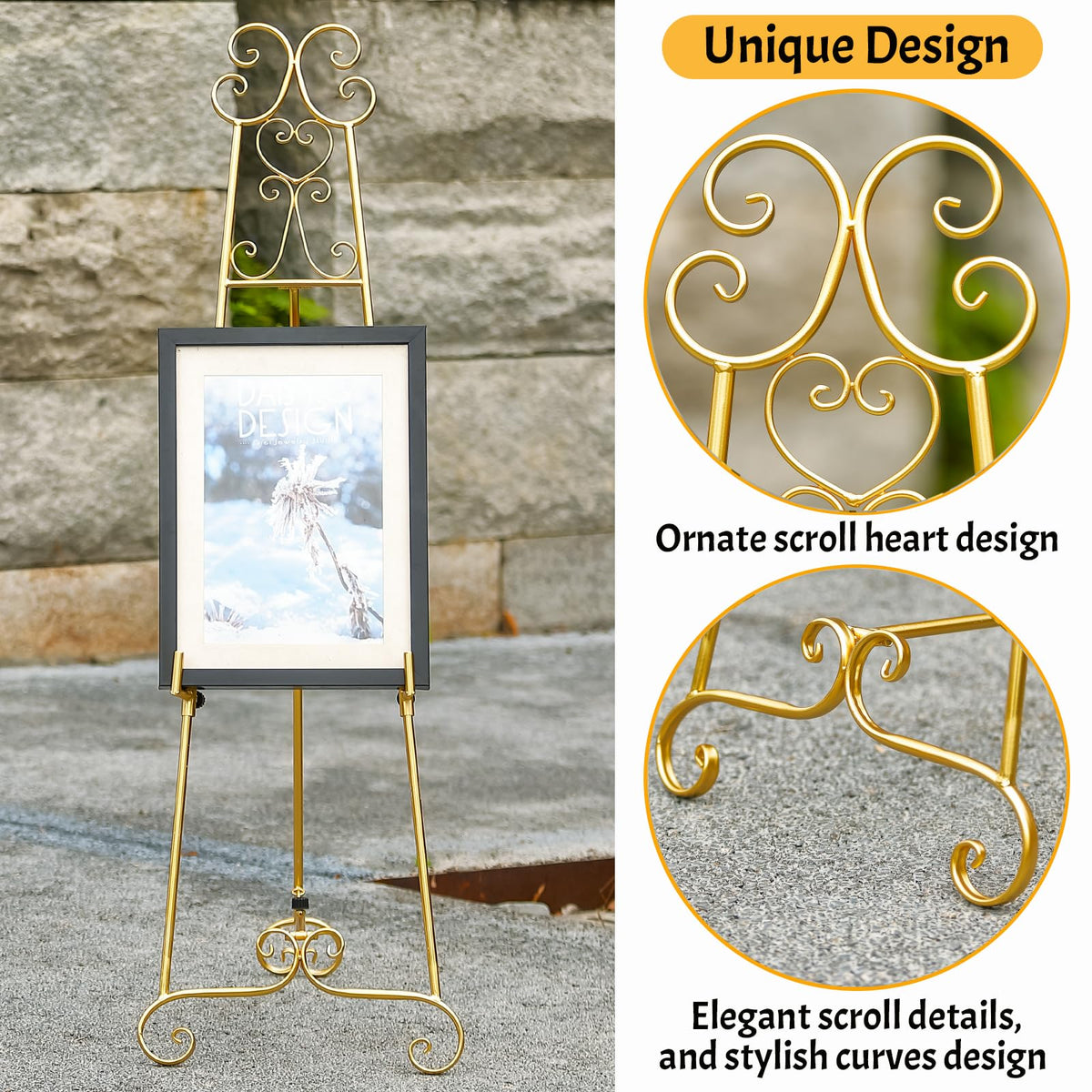 Metal Large Free Standing Adjustable Display Stand Scroll Easel with Chain Support, Gold Easel Stand for Sign, Heavy Duty Easel for Mirror, Wedding, Picture Frame (No Installation Required)