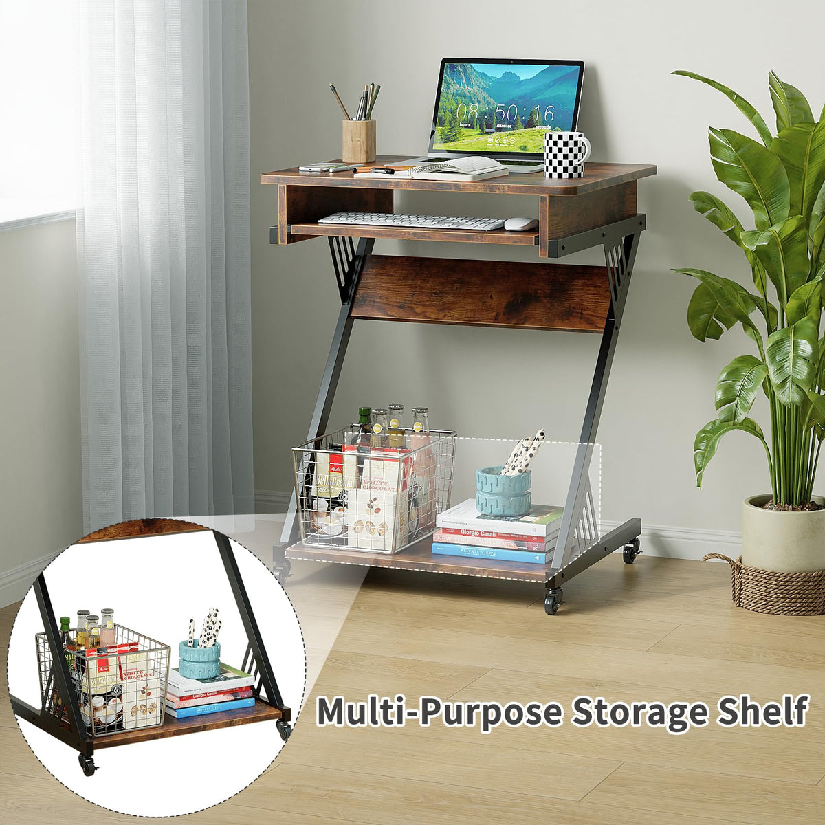 ALISENED Computer Desk for Small Spaces, 23.6" Z-Shaped Compact Study Table with Smooth Keyboard Tray with Wheels and Bottom Shelves for Home Office, Computer Cart Mobile Laptop Cart, Rustic Brown