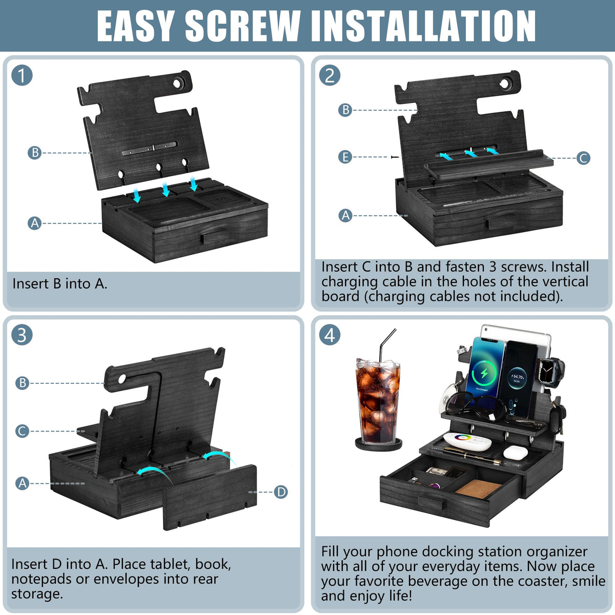 Black Wood Phone Docking Station for up to 3 Phones - Nightstand Organizer with Drawer for Valuables for Men & Women, Compatible With Apple Watch, Holds Phones, Tablets, Keys, Rings, Glasses, EDC