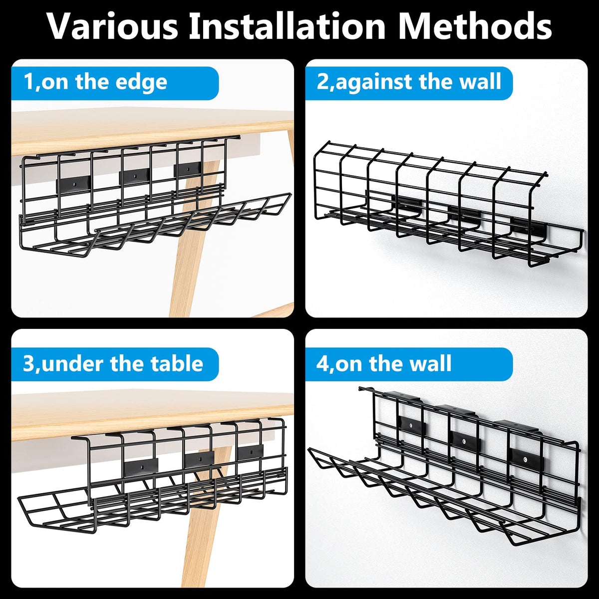 2 Pack DELAMU Under Desk Cable Management Tray, Metal Cord Cable Organizer for Desk, Easy Install Pre-drilled Wire Management Wire Organizer for Office & Home