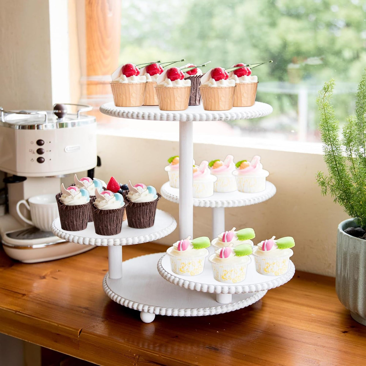 GENMOUS 2PCS 3 Tier and 4 Tier Beaded Cupcake Stand Set for Birthday Party Decor,Rustic Wooden Cupcake Tower Stands for 74 Cupcakes,White Cupcake Tiered Stand Display for Wedding Baby Shower Tea Party
