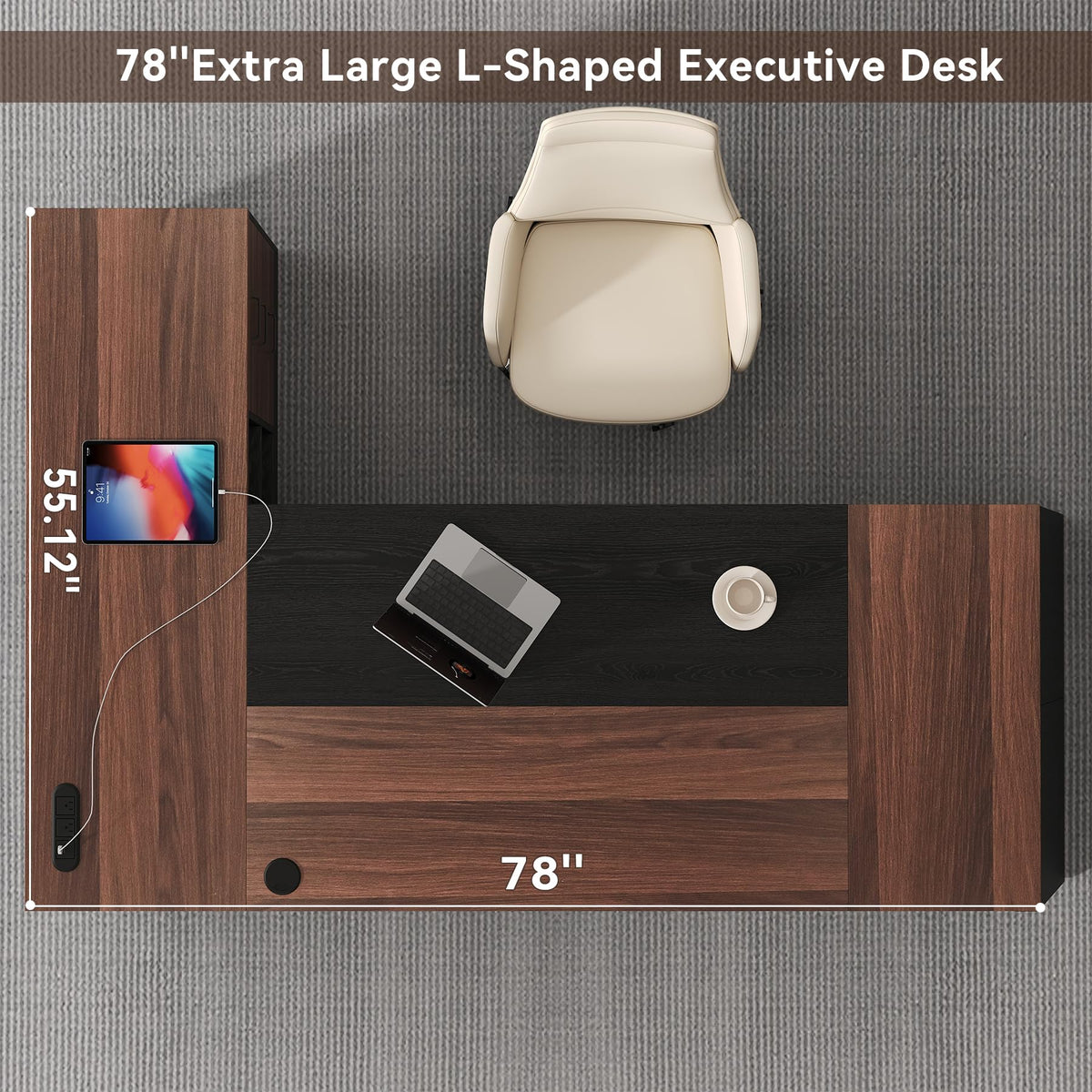 Epecoya L-Shaped Executive Desk with Drawer, 78-Inch Large Home Office Desk with Cord Hold and Power Outlet, Modern Computer Table with Lateral File Cabinet,Open Shelf and PC Stand, Walnut Brown Black
