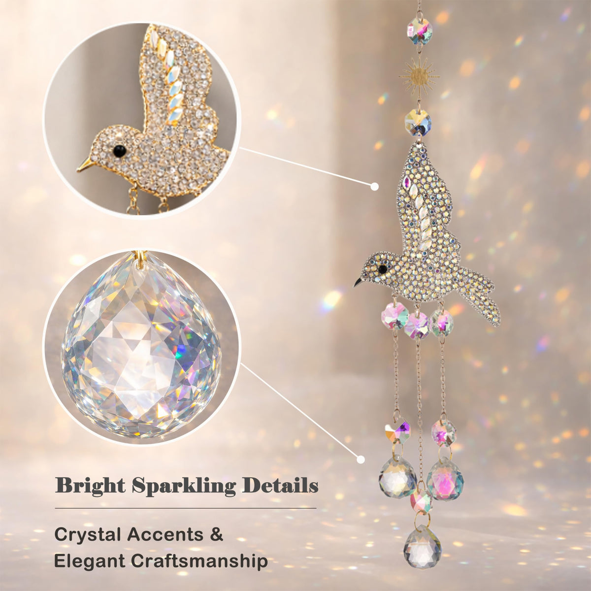JINYOND Hummingbird Crystal Suncatcher for Window Hanging, Rainbow Maker Prism Ornament with Hook, Sparkling Sun Catcher Decor for Home, Patio, Garden, Bird Lover Gift (Crystal Ball)