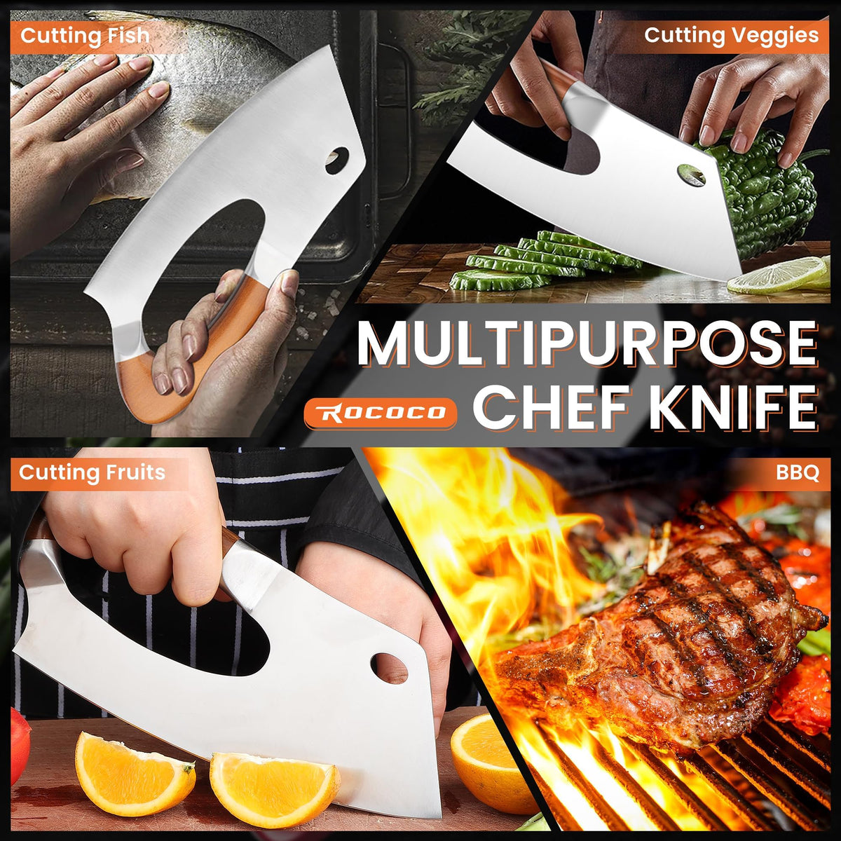 ROCOCO Meat Cleaver Knife Unique Effort Saving Kitchen Knife Professional Stainless Steel Chef Cooking Knives for Cutting Meat Vegetable Father Mother Christmas Gift Bronze