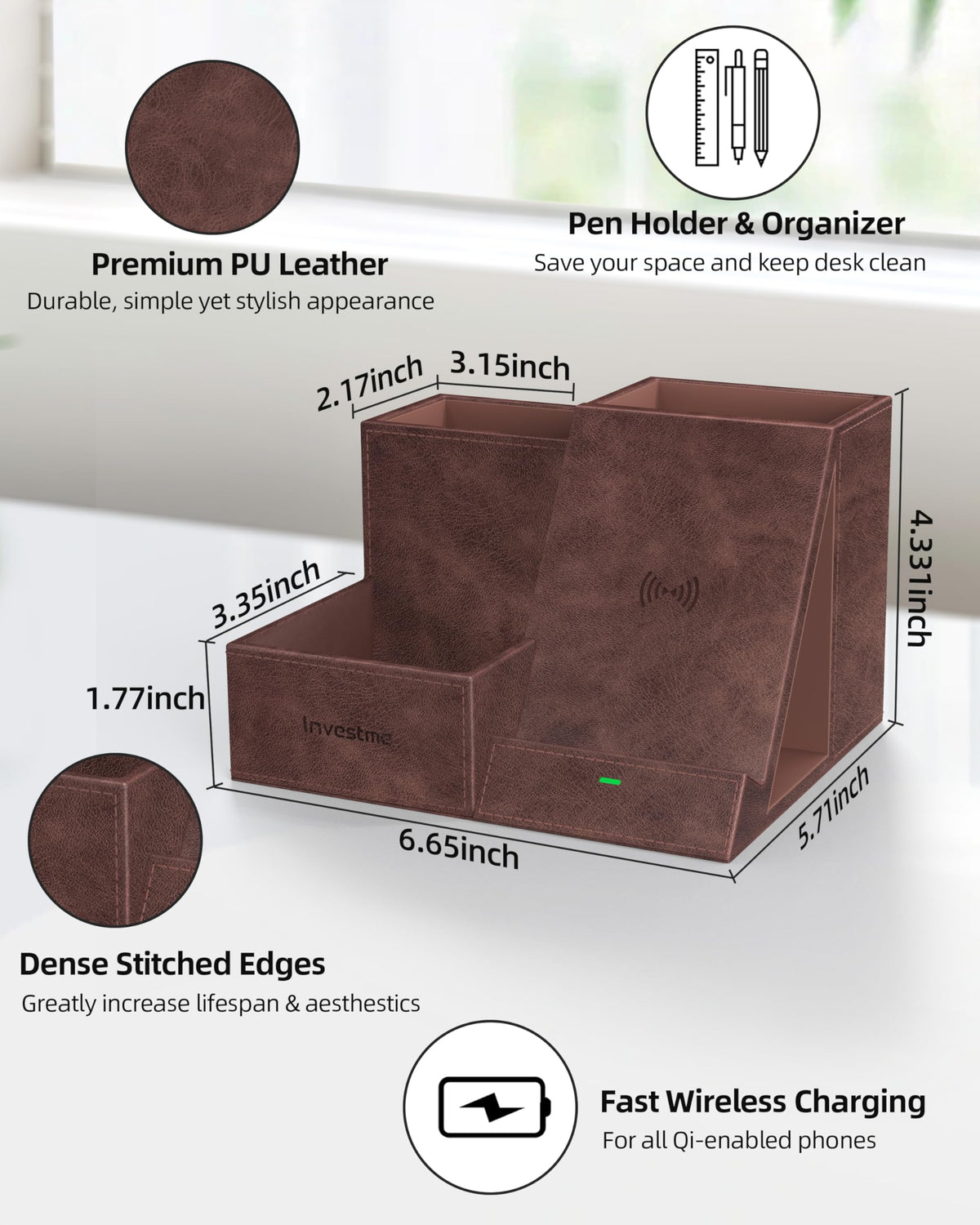 Investme Wireless Charger with Desk Organizer, Pen Pencil Holder, Multifunctional Desktop Organizer, Office Supplies and Desk Accessories Organizer with 3 Compartments and 1 Phone Stand, Dark Brown