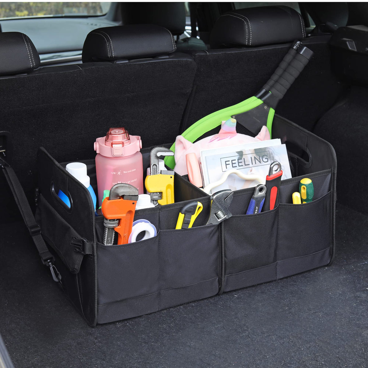 AOKJOY Car Trunk Organizer Car Storage Organizer Collapsible Multi Compartment Car Organizer Adjustable Straps Car Organizer for SUV(Black)