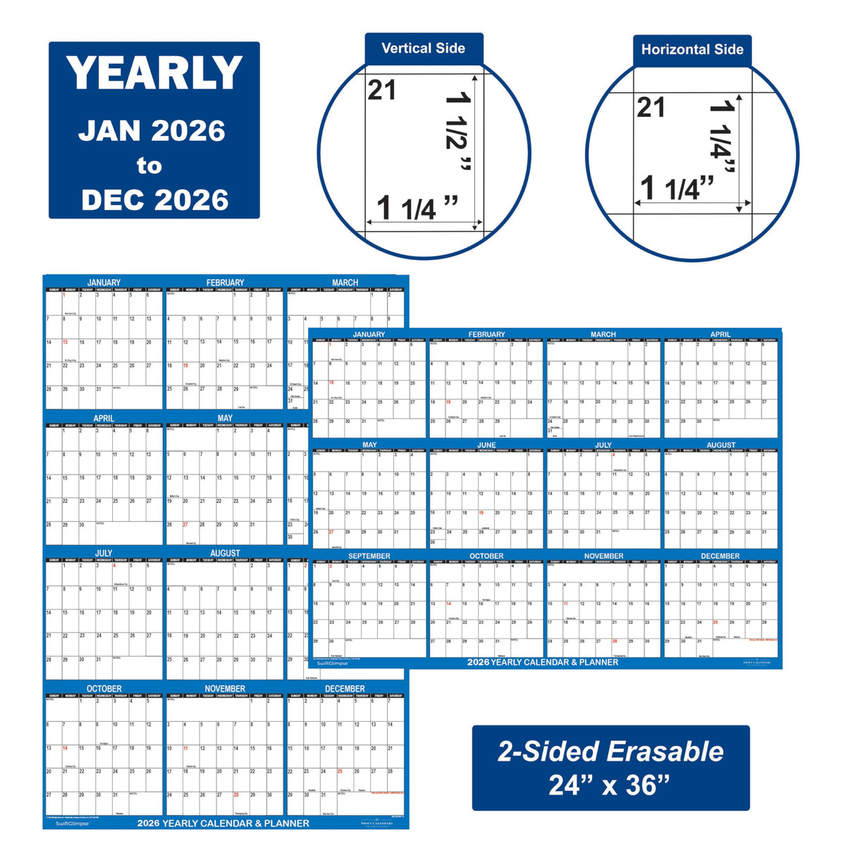24" x 36" SwiftGlimpse 2026 Wall Calendar Erasable Large Wet & Dry Erase Laminated 12 Month Annual Yearly Wall Planner, Reversible, Horizontal/Vertical, Navy