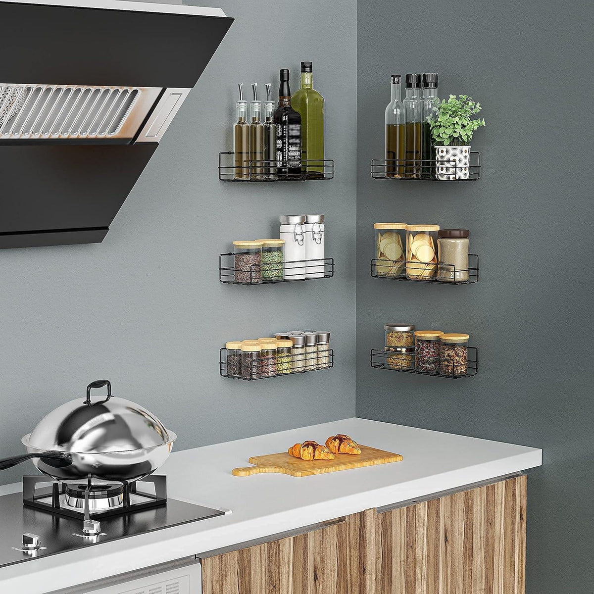 Moforoco Spice Rack Organizer Wall Mount (6Pack), Hanging Black Spice Pantry Organization Storage Shelf, Farmhouse Seasoning Organizer, Flexible Wall Shelves, Kitchen Essentials Home Decor