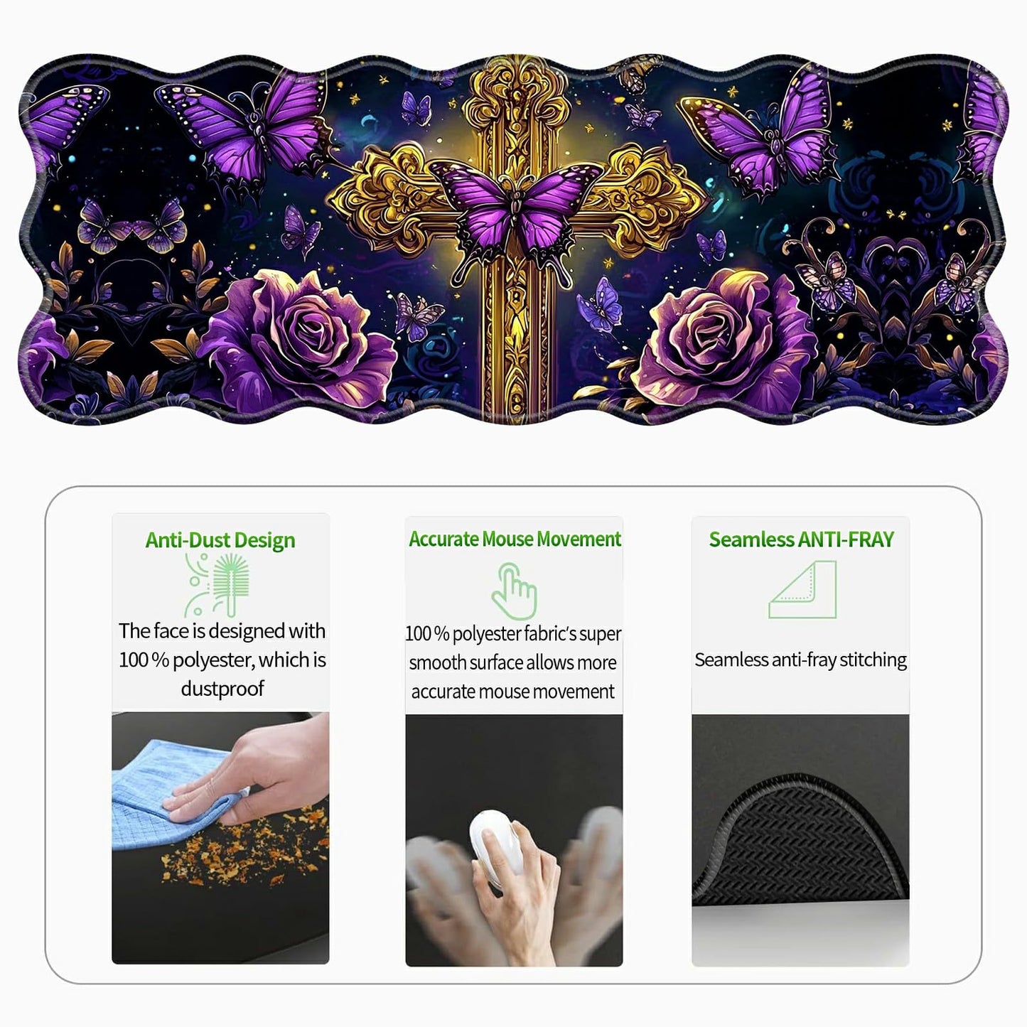 RWUTYTIUL 3-Piece Ergonomic Desk Mat & Cloud Wrist Rest Set, Large 31.5" x 11.8" Wave Office Desk Pad with Memory Foam Support Non-Slip Computer Protector for Home, Gaming, Purple Butterfly Cross