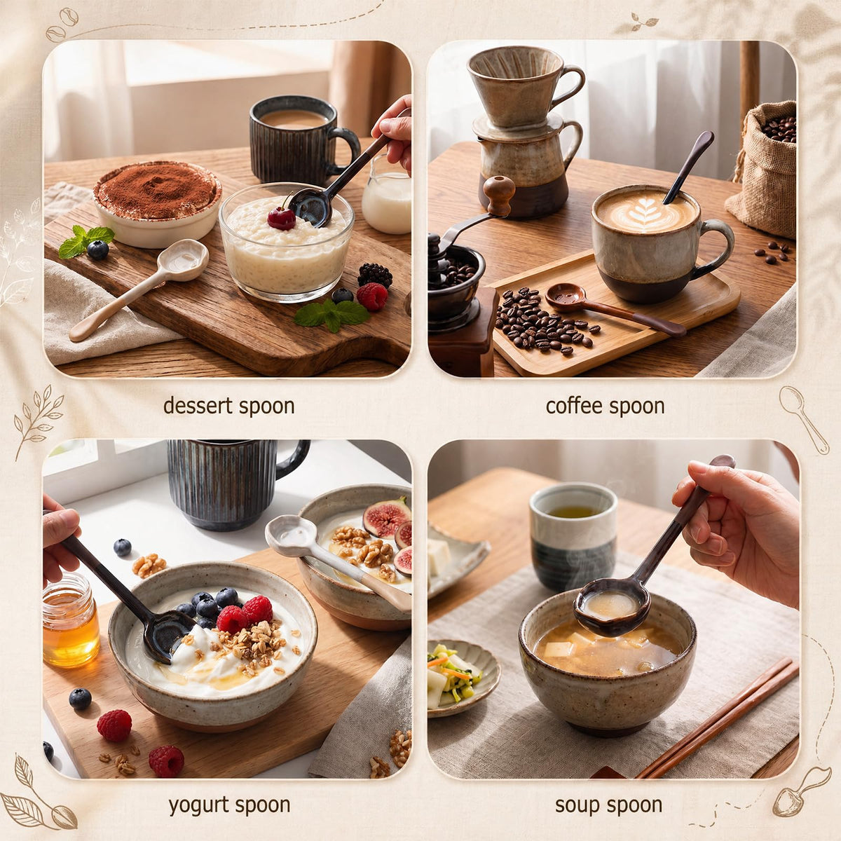 Ferrochef 4 Pack Ceramic Spoon Coffee Soup Whisk Handmade Tea Japanese Spoon Long-handle Vintage Coffee Tea Scoop for Loose Sugar and Spice Dessert (Vintage)