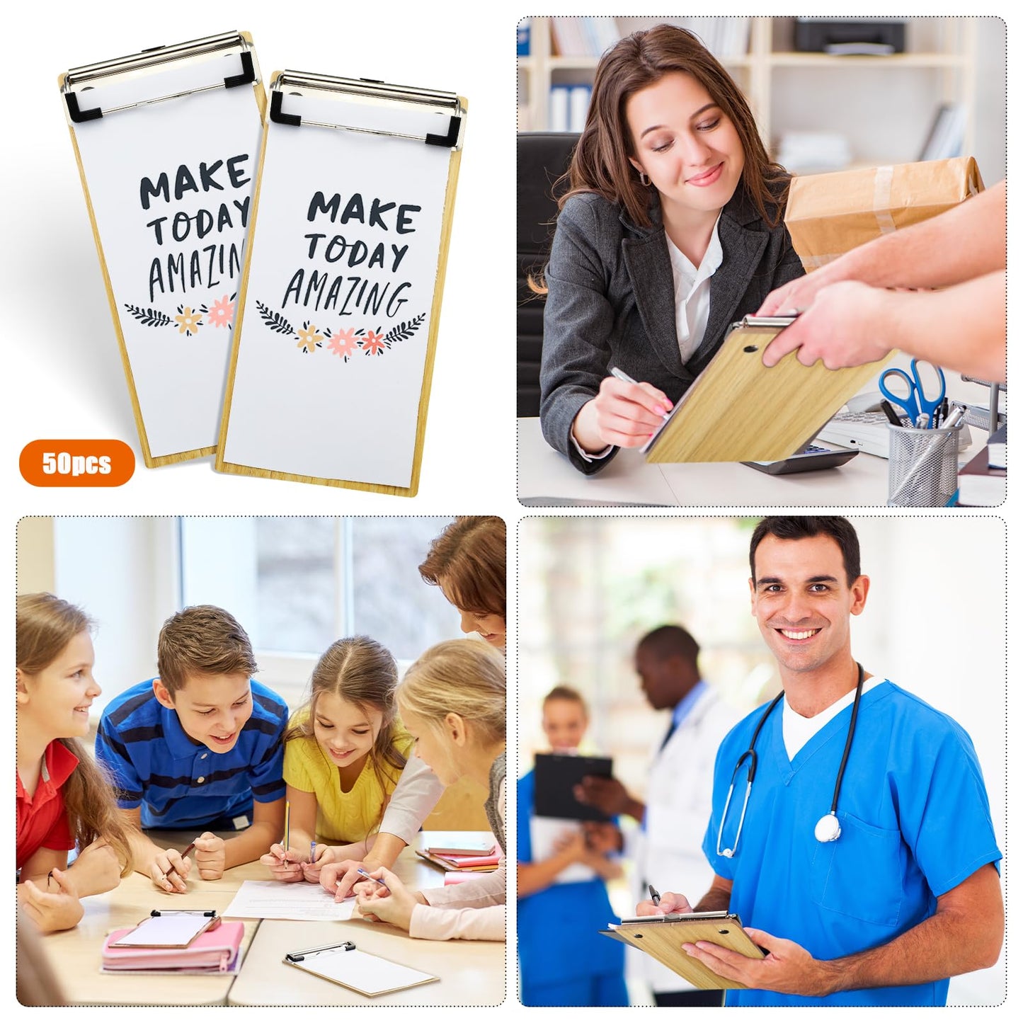 Harloon 50 Pcs Mini Wood Clipboard Check Presenters Bulk Small Wooden Clip Half Page Clipboard Check Presenter for Restaurants Waitress Guest Receipt Menu Holder, 8 x 4'' (Light Brown)