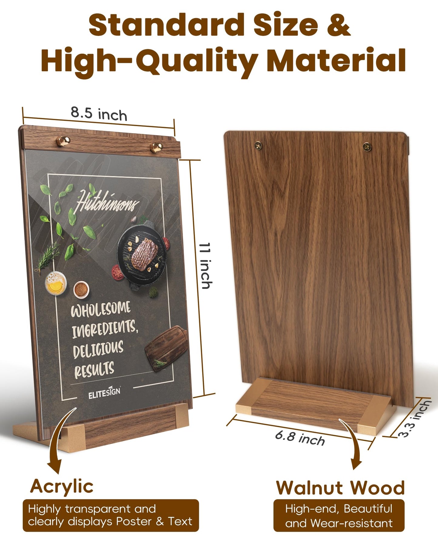 EliteSign 1PK Acrylic Sign Holder 8.5 x 11 with Walnut Wood Base, Clear Plastic Commercial Display Stand for Menu, Poster, Flyer, Table Paper Frame for Restaurant, Office, Store, Bar, Wedding