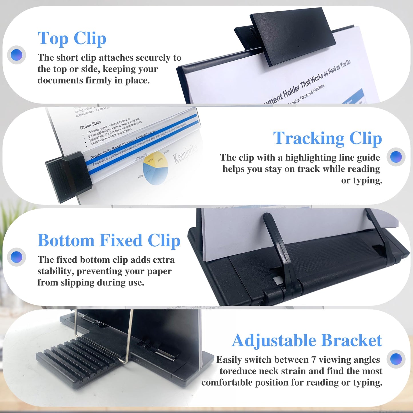 Keenjorika Desktop Document Book Holder with 7 Adjustable Positions, Black Document Holder for Desk, Paper Holder Copy Stand Holder for Speech, Paper Holder Stand for Desk Typing, Angle Adjustable