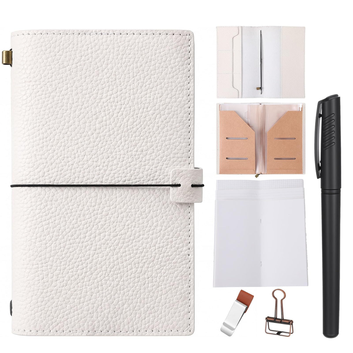 Eaasty Regular Size Travelers Refillable Leather Journal Notebook with Pocket 4.9"x8.6" Handmade Travel Diary for Men Women with 3 Notebook Inserts Kraft File Folder, Pen Holder and Binder Clip(White)