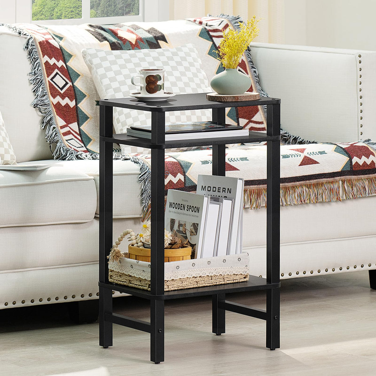 YUFAM Side Table End Table Tall Night Stand 3-Tier for Living Room Bedroom Bathroom Office Furniture Black