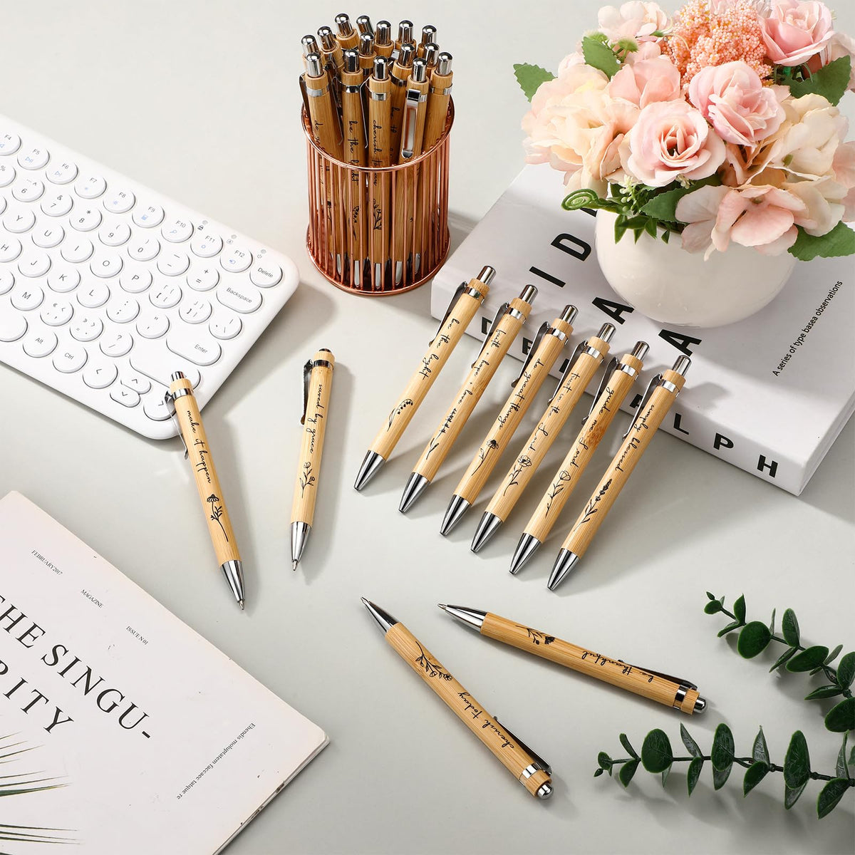 Watersay 30 Pcs Inspirational Bamboo Ballpoint Pens Positive Gifts Bulk Flower Thank You Pens Employee Appreciation Gifts for Coworkers Student Teacher Office