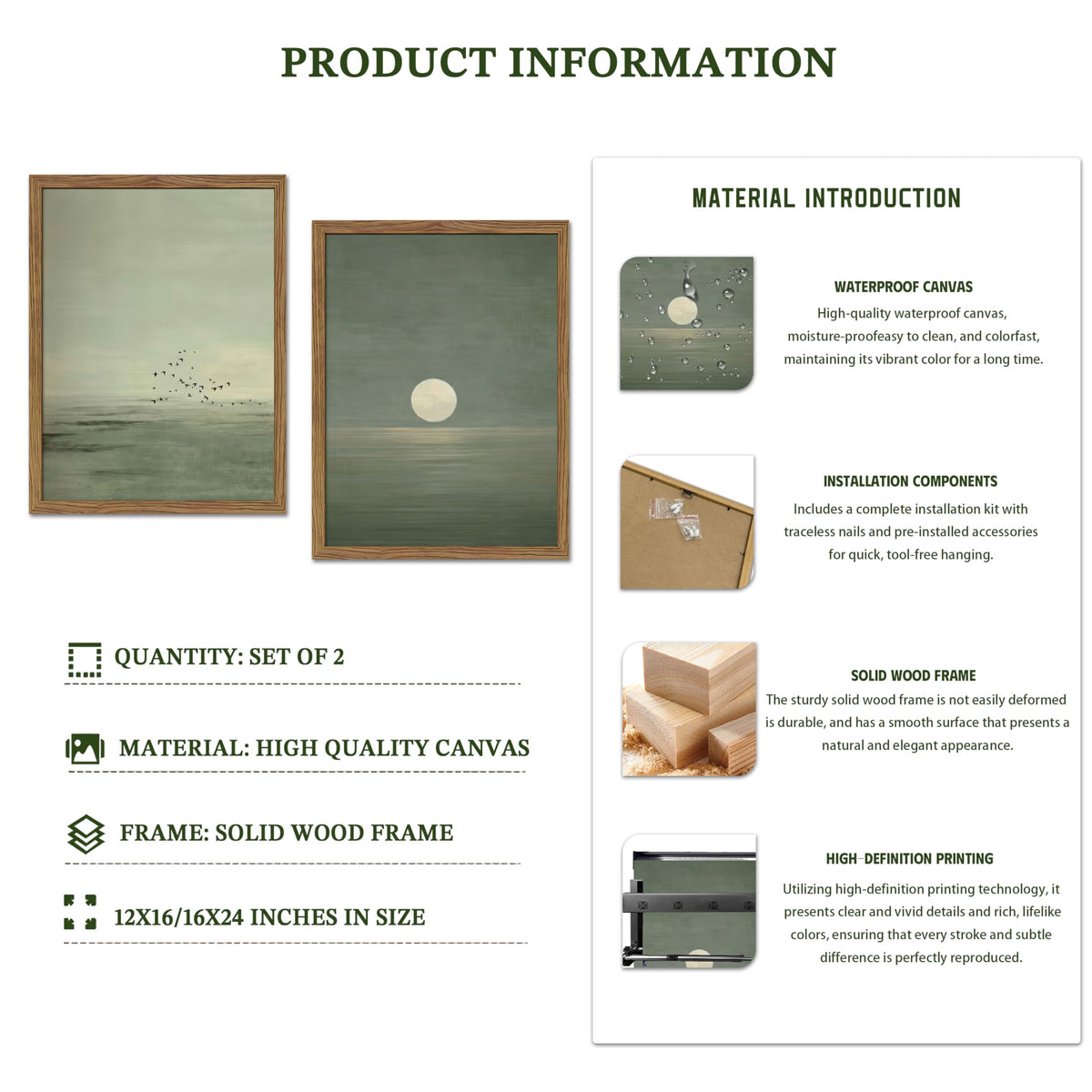 Framed Japanese Zen Wall Art Set of 2, Minimalist Sage Green Flying Duck Canvas Wall Decor Paintings, Modern Sunset Landscape Artwork Prints Picture for Living Room Bedroom Bathroom 12x16 Inch