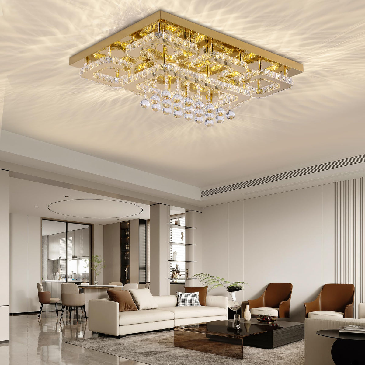 KINGTORO 32" Gold Crystal Flush Mount Chandelier with Remote/App Control, Modern LED Ceiling Light with 3CCT Dimmable, Elegant Chandeliers for Bedroom Living Room Dinning Room Hallway Kitchen