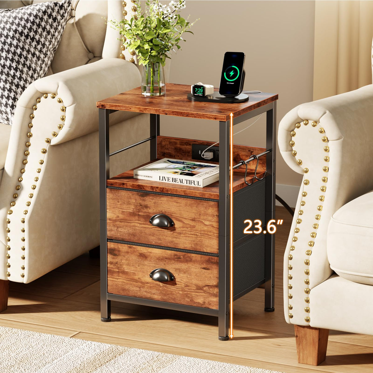 Furologee End Table with Charging Station, Nightstand with Fabric Drawers, Side Table with USB Ports & Outlets, Night Stand with Storage Shelf & Hooks, for Living Room/Bedroom, Rustic Brown