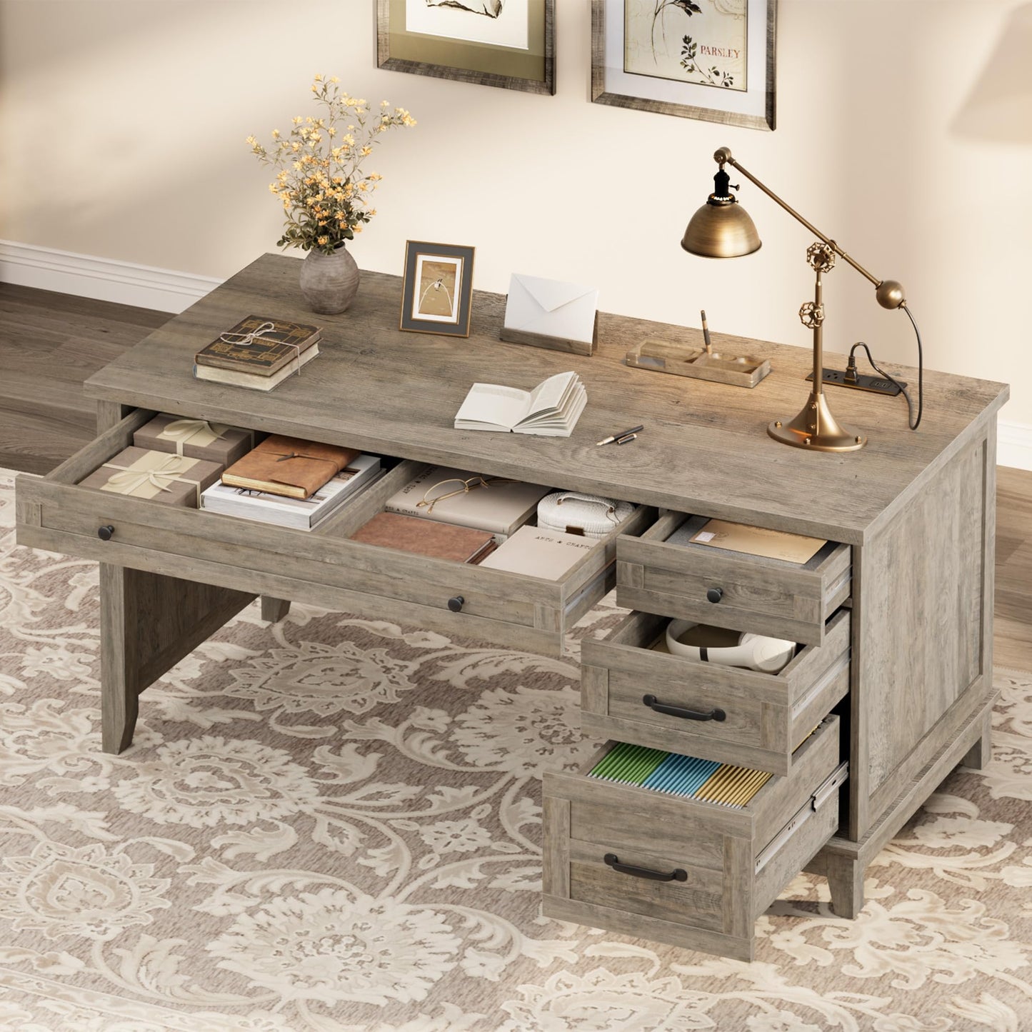 Garvee 53.5" Wooden Home Office Desk with File Drawers, Executive Desk with Power Outlet, Farmhouse Wood Desk with Storage, Distressed Study and Work Table, Rustic Grey