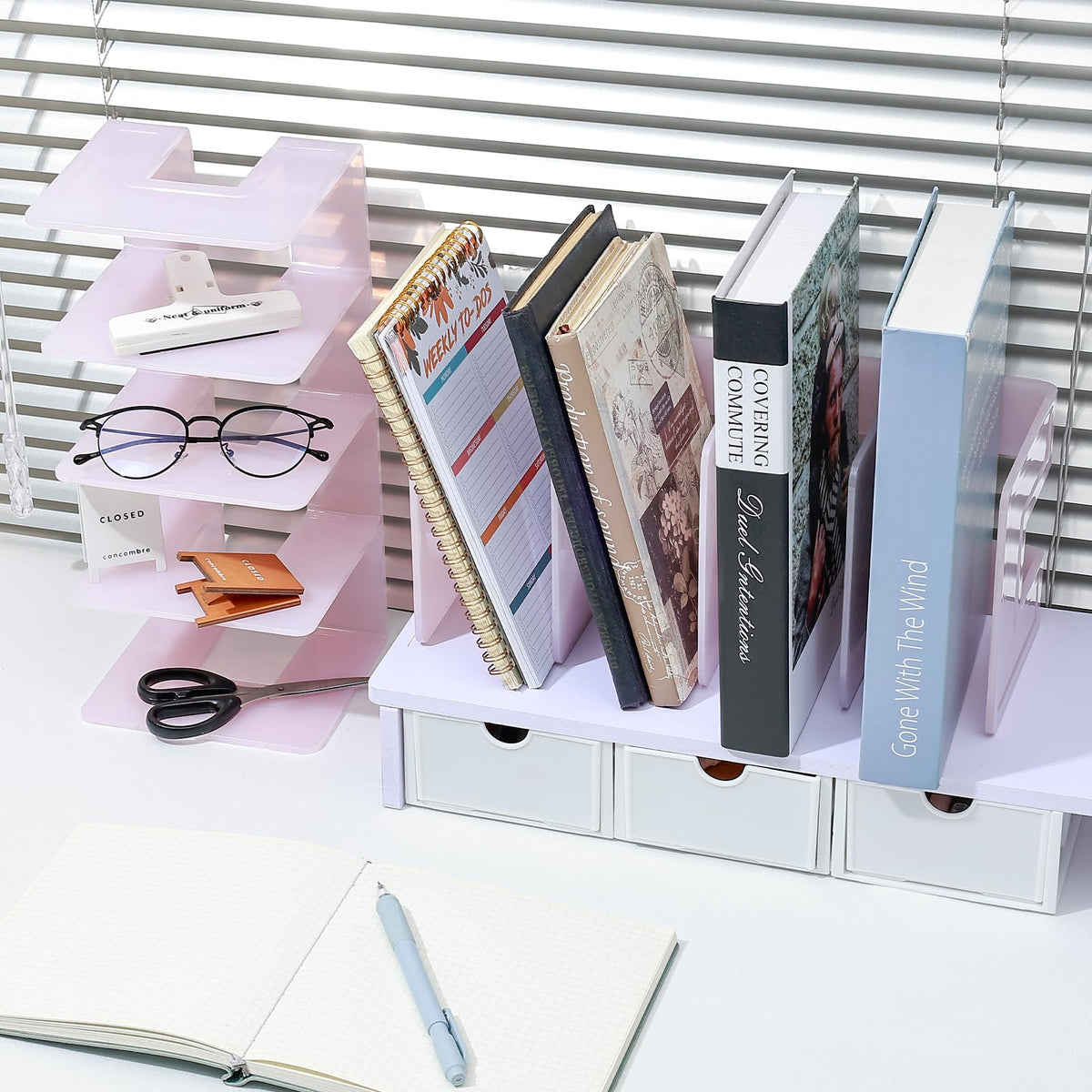 BAYTORY 2Pcs Acrylic File Holder Purse Organizer, Sturdy Desktop File Sorter Organizer, Binder Shelf for Office Desk Kitchen Shelf Closet (Pink)