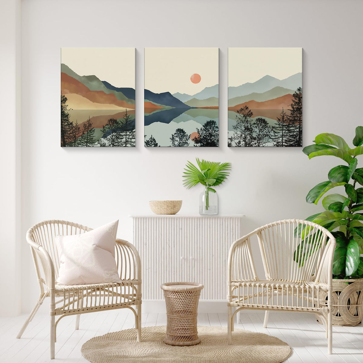 Framed Boho Mountain Landscape Wall Art Set of 3-Canvas Prints, with Sunset and Lake Pictures posters Modern Minimalist painting Living Room, Bedroom, Office Ready to Hang 16x24Inch