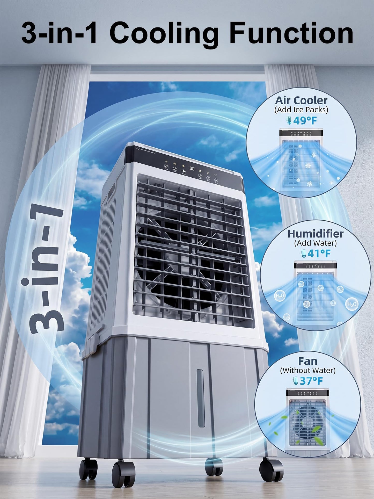 Uthfy 2026 Upgraded 2000CFM Swamp Cooler, Evaporative Air Cooler with 3-Sided Cooling Pad, 6 Gal Detachable Water Tank, 4 Mode, 120° Oscillation,12H Timer, Cooling Fans for Bedroom, Garage