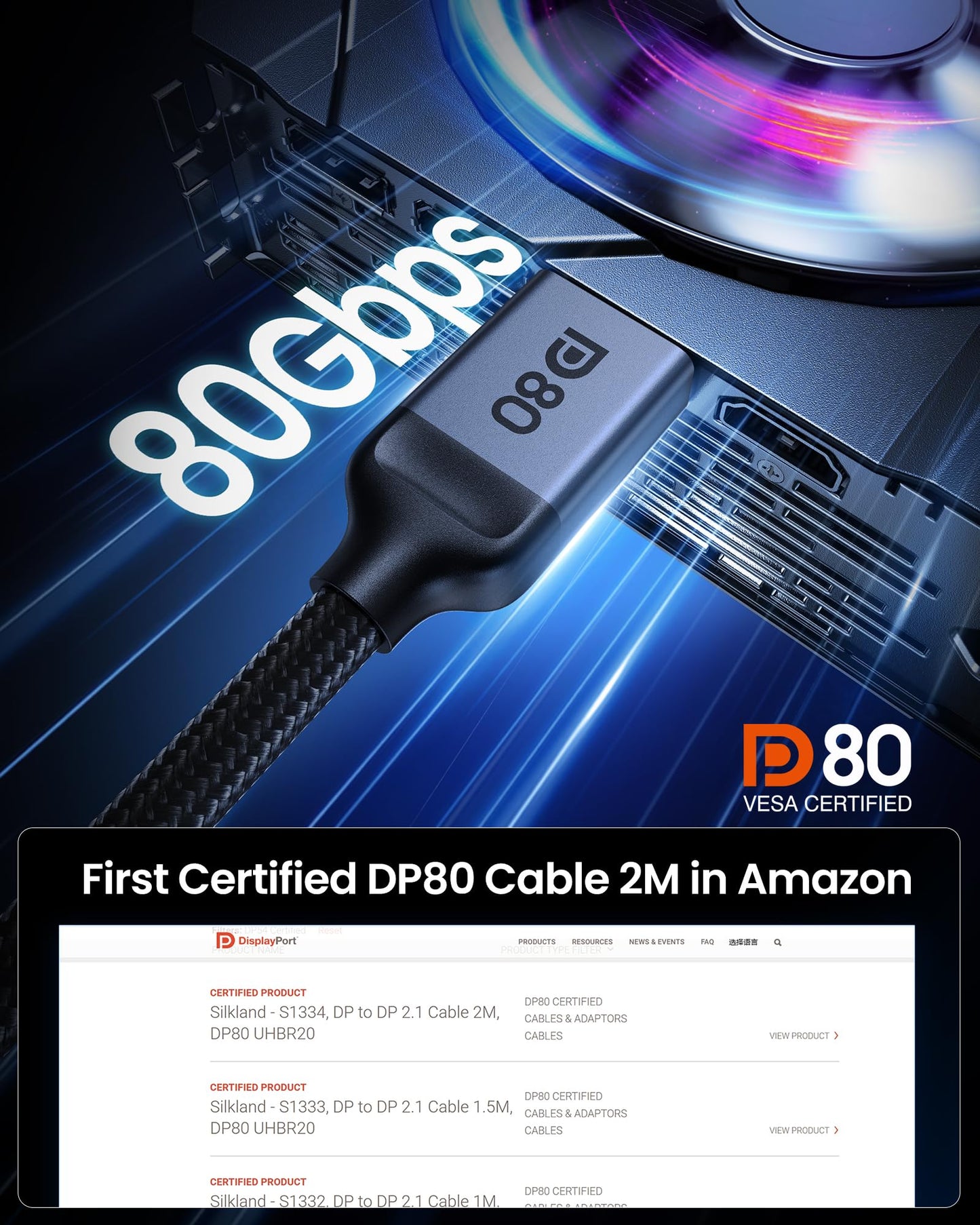 Silkland 80Gbps DisplayPort Cable 2.1 6.6FT/2M [VESA Certified], [8K@240Hz, 4K@540Hz 360Hz 240Hz] DP 2.1 Cable 16K, DP80 HDR DSC HDCP, Display Port Cord Compatible DP 1.4, Gaming Monitor 5090 9070XT