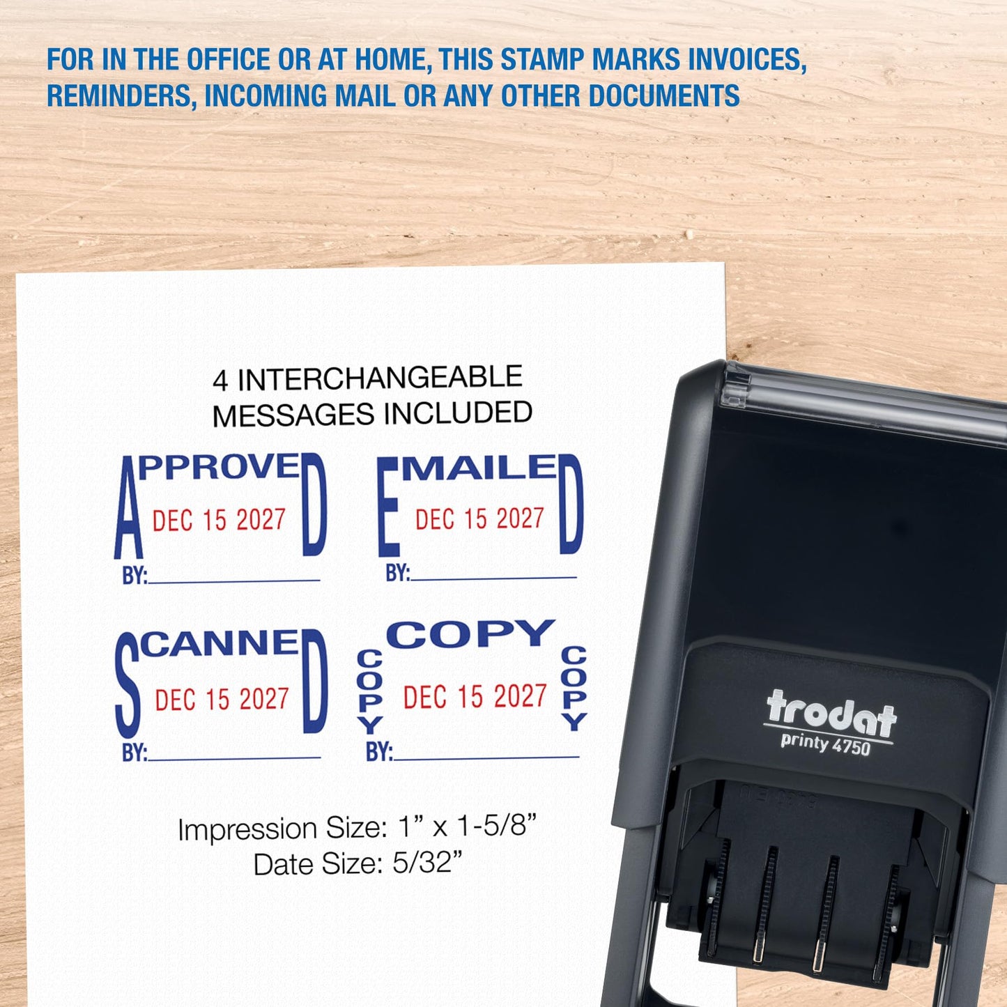 Trodat Printy 4750 Self Inking Date Stamp with Approved, Copy, EMAILED, Scanned – Blue and Red Ink, 1" x 1-5/8"