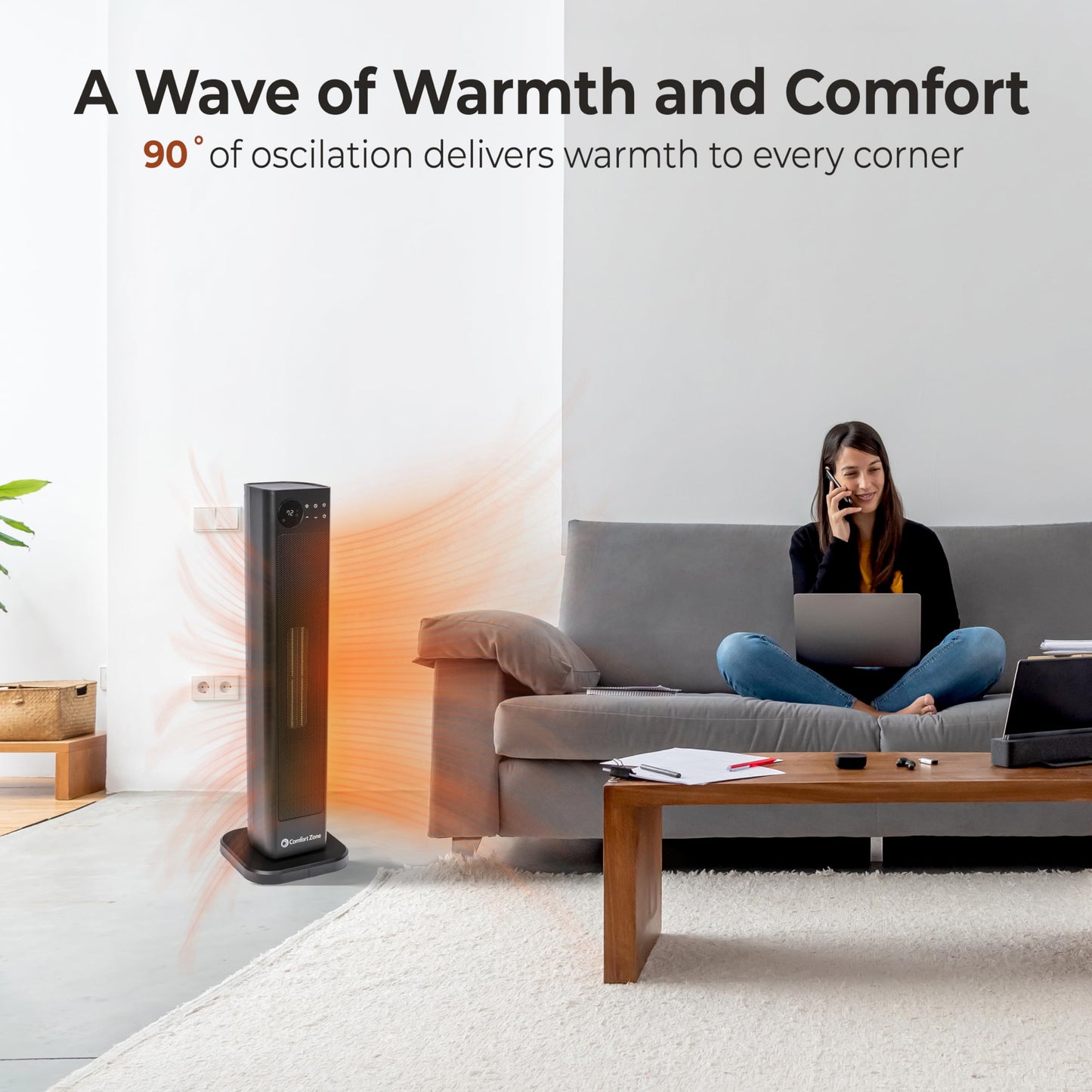 Comfort Zone 30-Inch Oscillating Tower Space Heater with Remote Control – 1500W High Velocity Ceramic Heater, Digital LCD Thermostat, 12-Hour Timer, ECO Mode, Safety Tip-Over & Overheat Protection