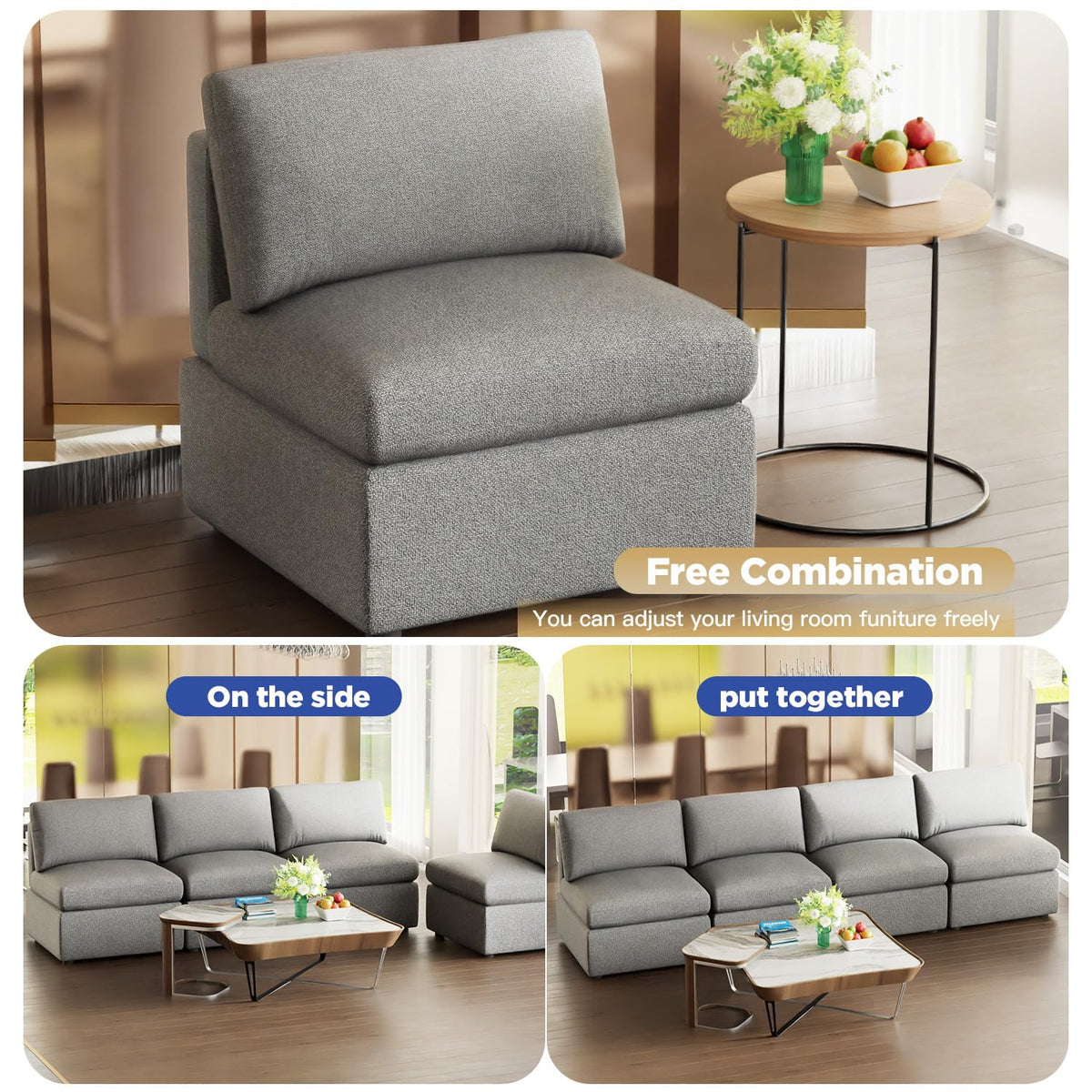 FDW Sofa Couch 1-Deep Seat Convertible Modular Sectional Sofa Couch for Living Room Bedroom Home Office,Gray