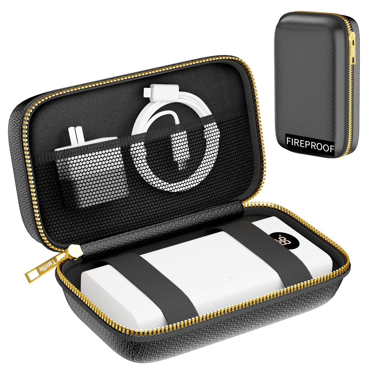 Electronics Travel Organizer with Fireproof Zipper, Hard Case Explosion-Proof Cables Carry Box Compatible with Hard Drive, Fireproof Portable Safe Storage for Power Bank, Phone, Charger, Cord, Black