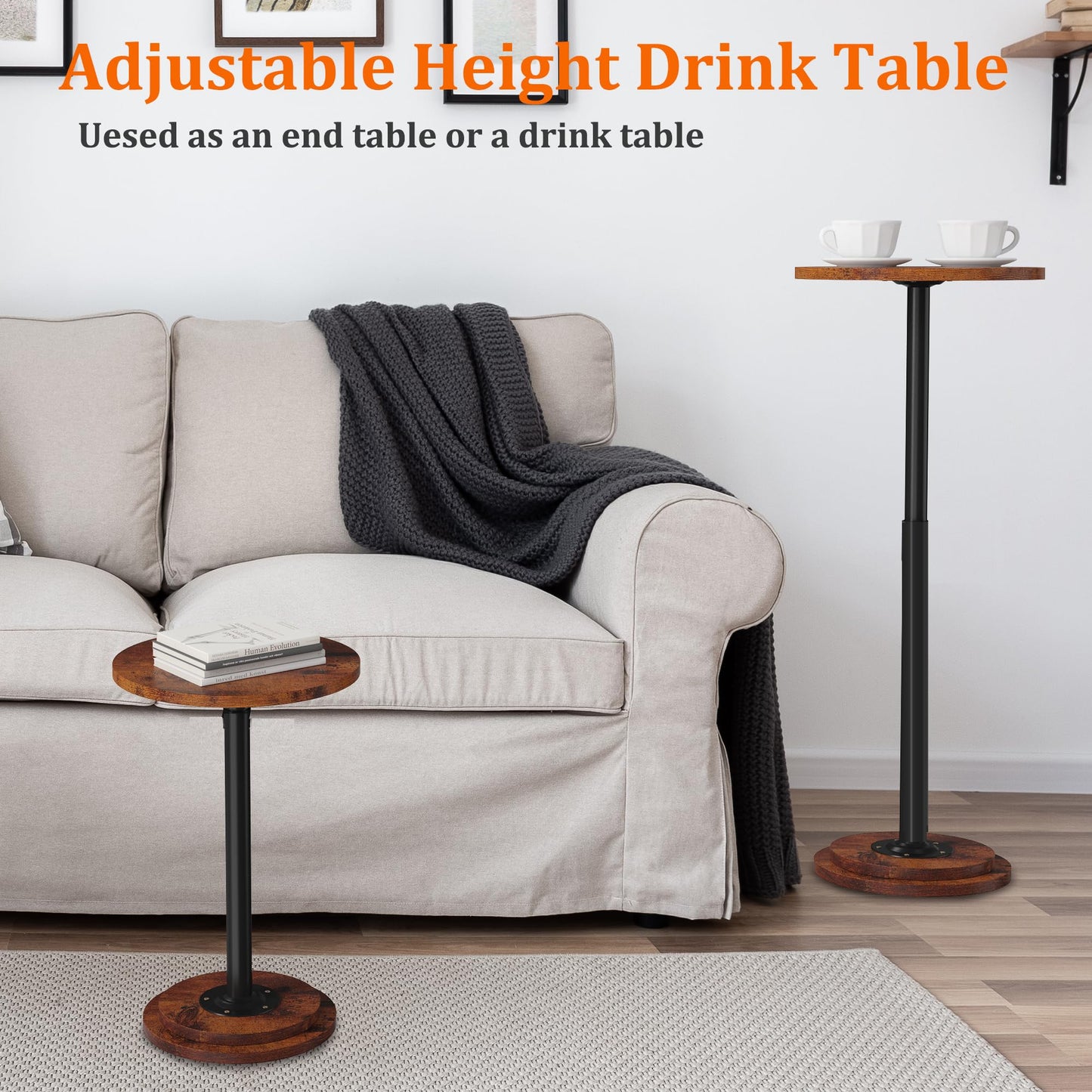 Jchccu Drink Table, Small Side Table with Adjustable Height & Heavy-Duty Design, Pedestal Martini Tables for Small Spaces, Sofa Couch, Living Room, Bedroom, Supports up to 88 lbs, Rustic Brown