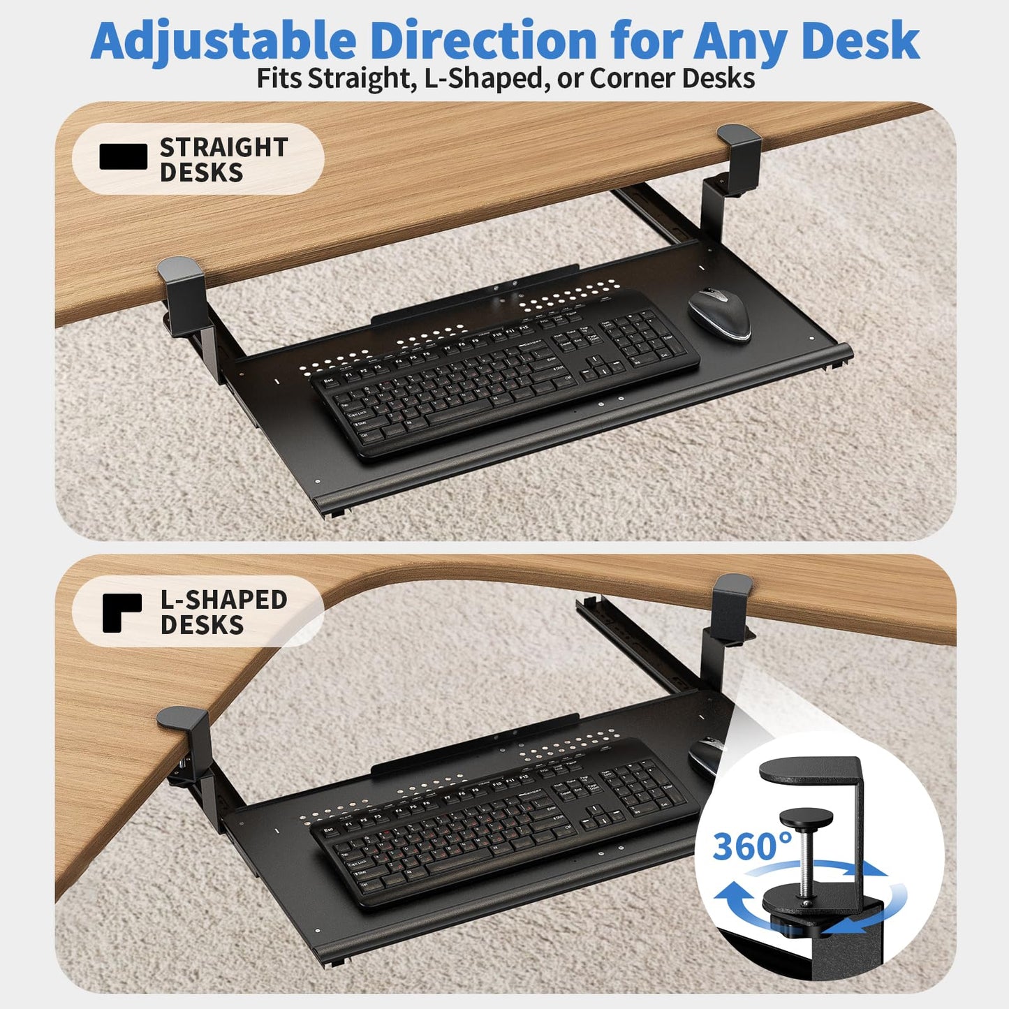 Strifuture Keyboard Tray Under Desk - Full Metal Slide Out Holder, Rust-Resistant & Scratch-Proof, Double C-Clamps, 26x13" Tray for L Shape/Regular Desks, Standing/Sitting Workstation(Black-B)