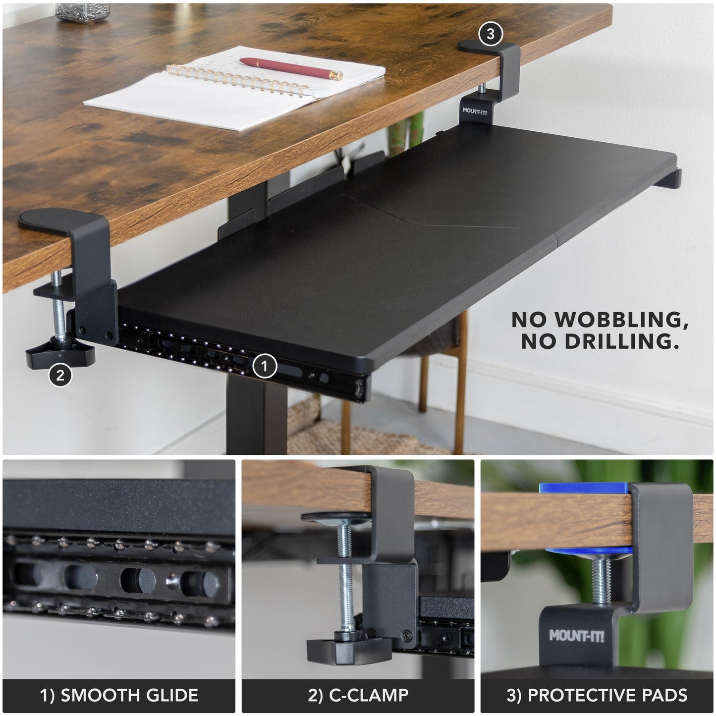 Mount-It! Under Desk Keyboard Tray, 30" Extra-Wide Clamp-On Slide-Out Drawer, Holds 11 lbs, Fits Desks up to 1.77" Thick, No-Drill C-Clamp Mount