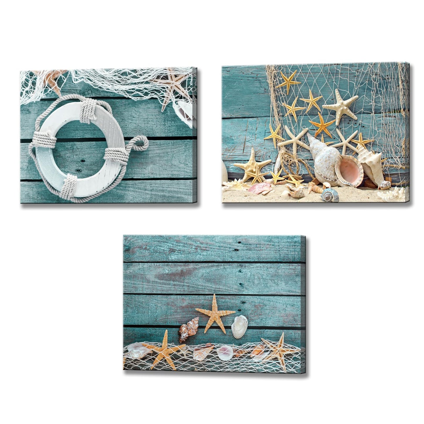 Biuteawal- 3 Piece Canvas Wall Art Starfish Shell on Teal Board Painting Prints Beach Nature Picture Canvas Artwork for Home Kitchen Bathroom Living Room Wall Decor Ready to Hang